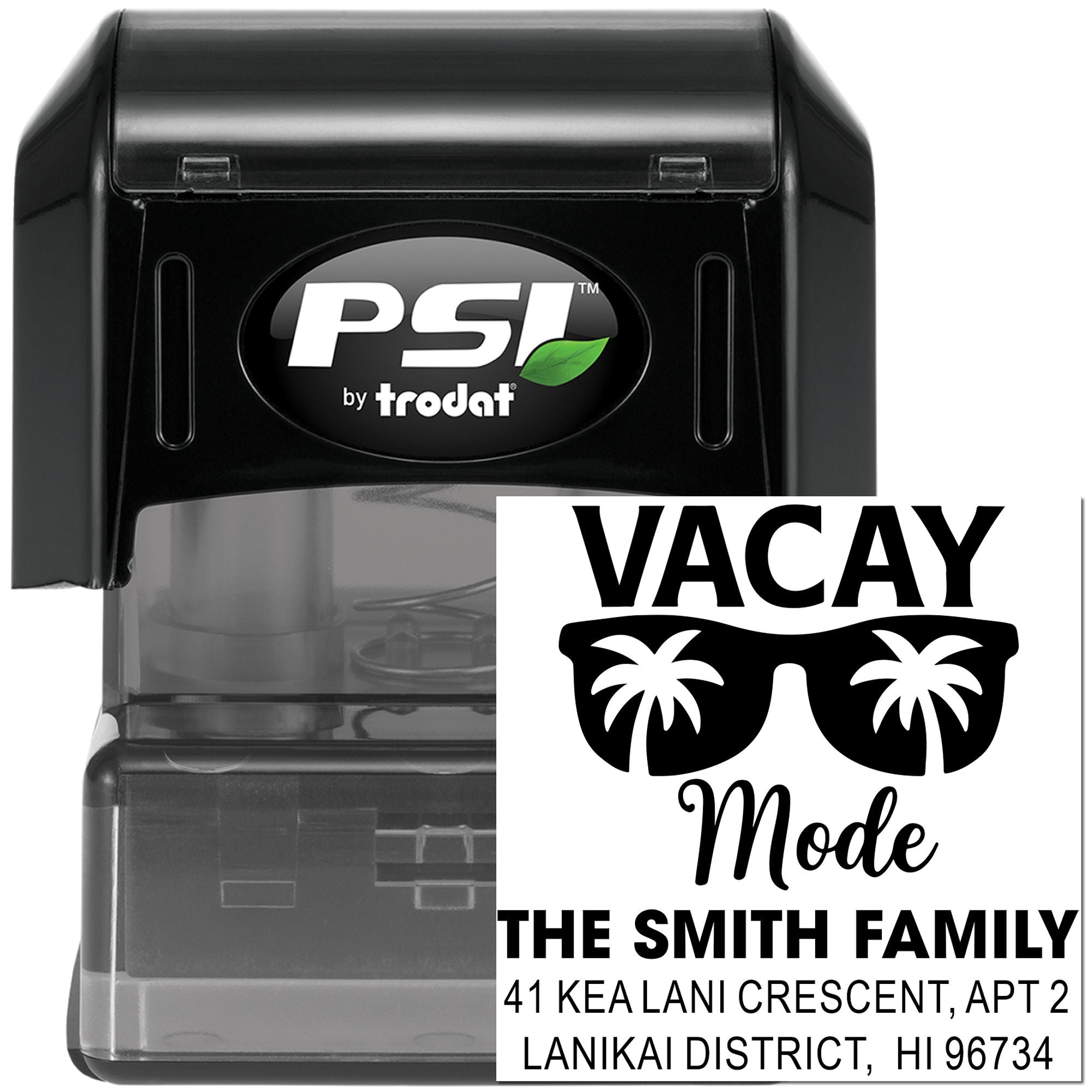 Custom self-inking rubber stamp with Vacation Mode return address design for The Smith Family and palm tree sunglasses.