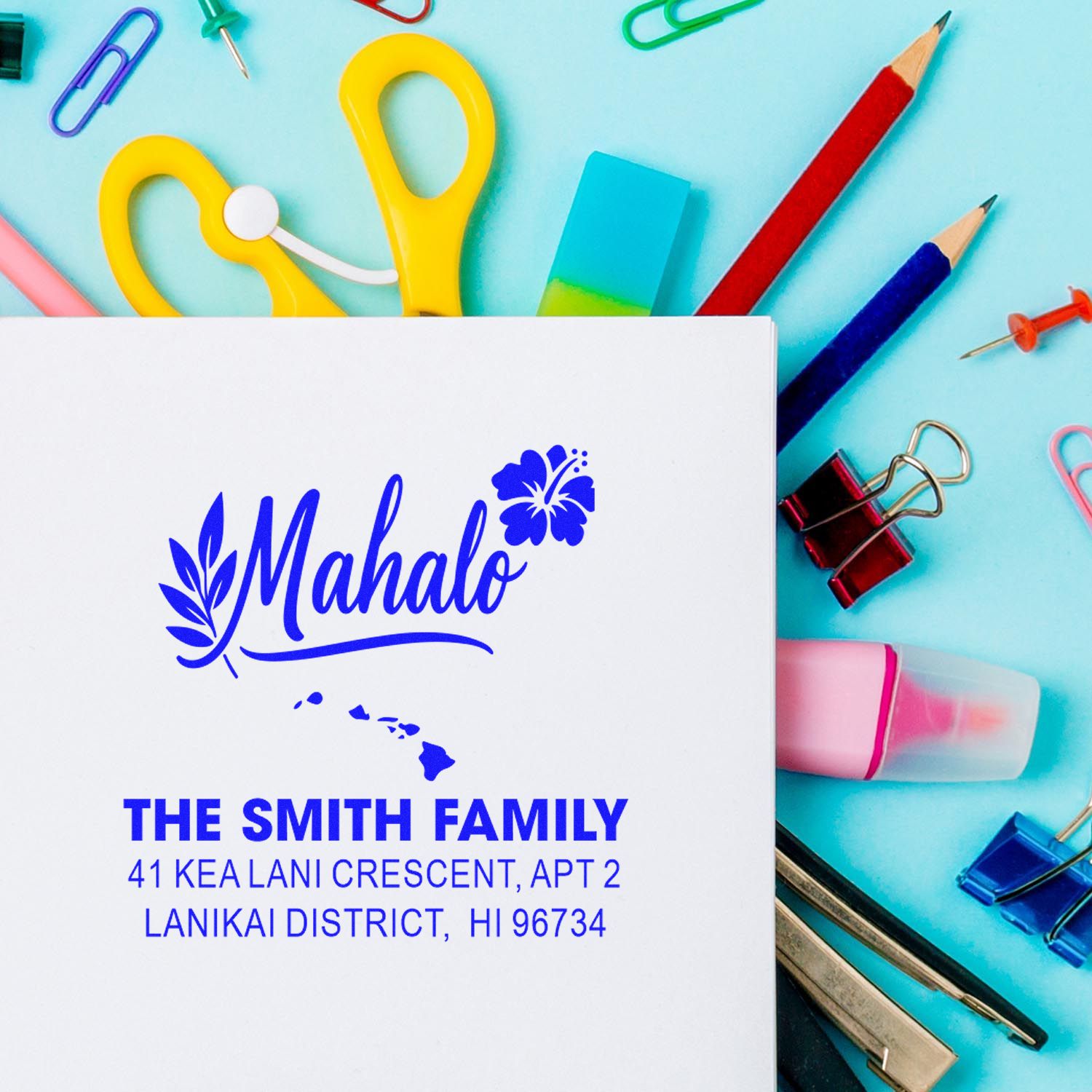 Custom return address rubber stamp design with Mahalo, Smith family, and Hawaii address for stationery use.