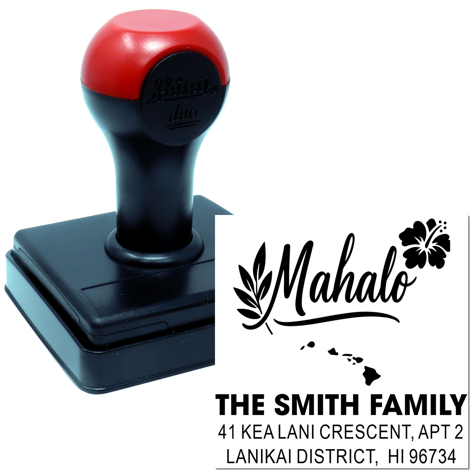 Custom self-inking rubber stamp with Hawaiian Mahalo return address design for personal mailing envelopes.
