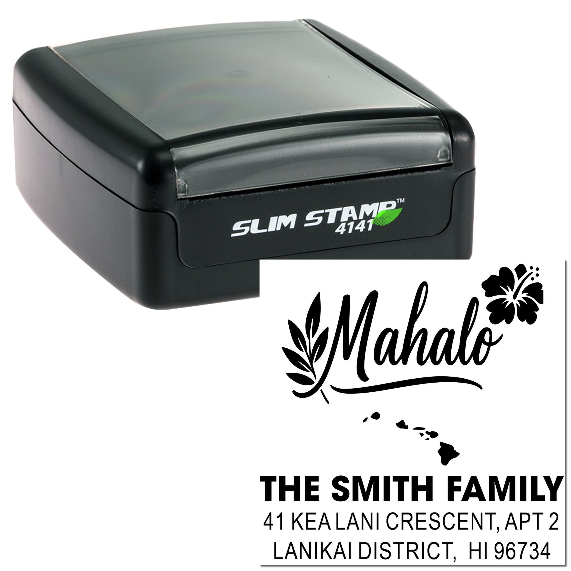 Custom self-inking rubber stamp with Mahalo return address design for The Smith Family, Lanikai District, HI