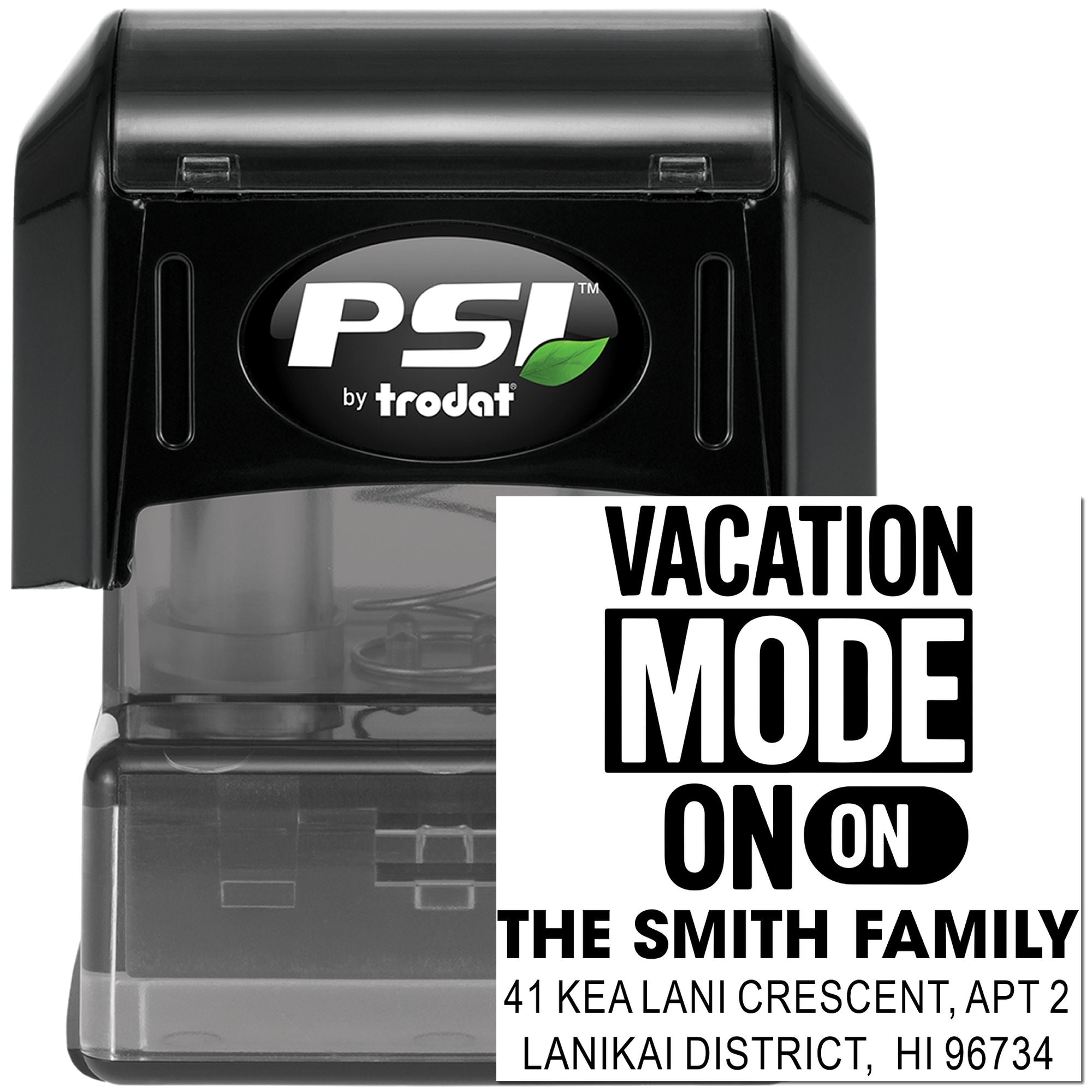 Custom self-inking rubber stamp with Vacation Mode On and address for mail forwarding, PSI by Trodat.