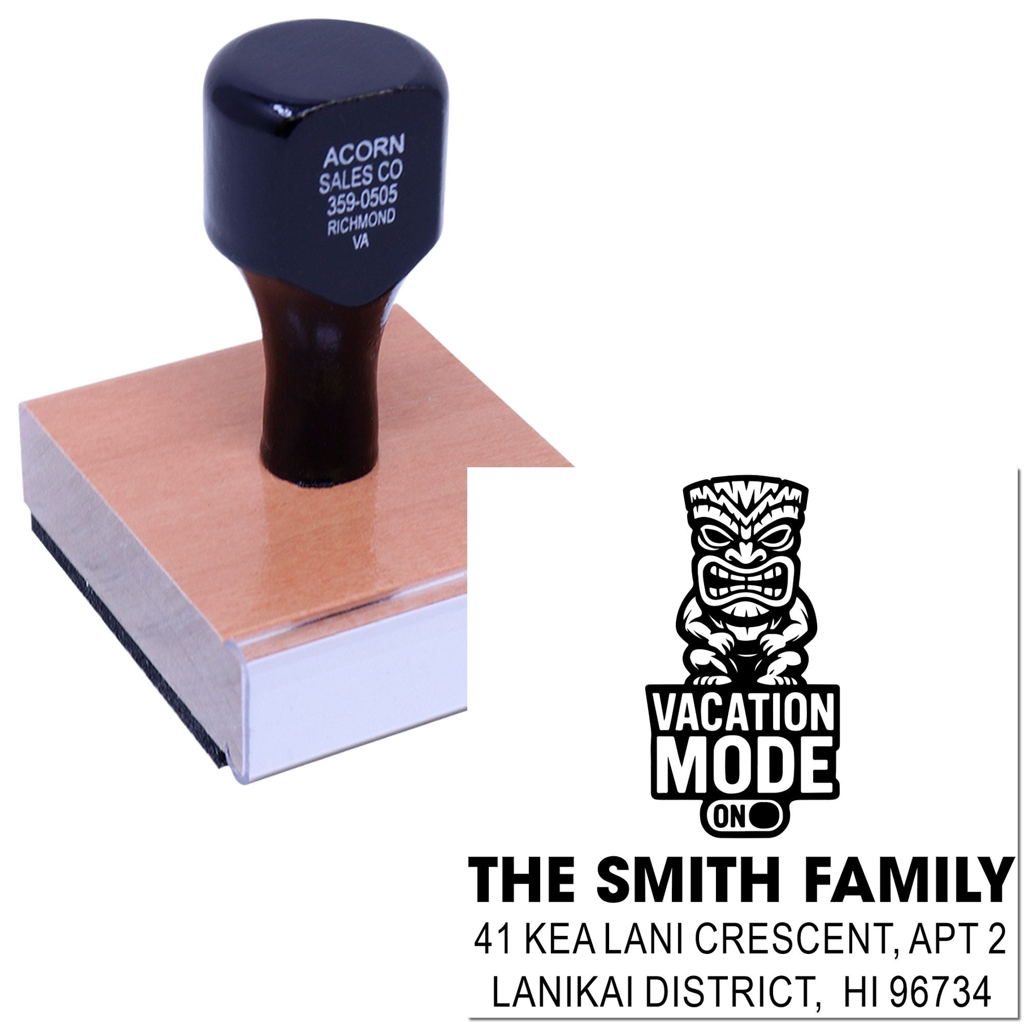 Custom self-inking rubber stamp showing Tiki Vacation Mode design with family return address imprint for mail and packaging.
