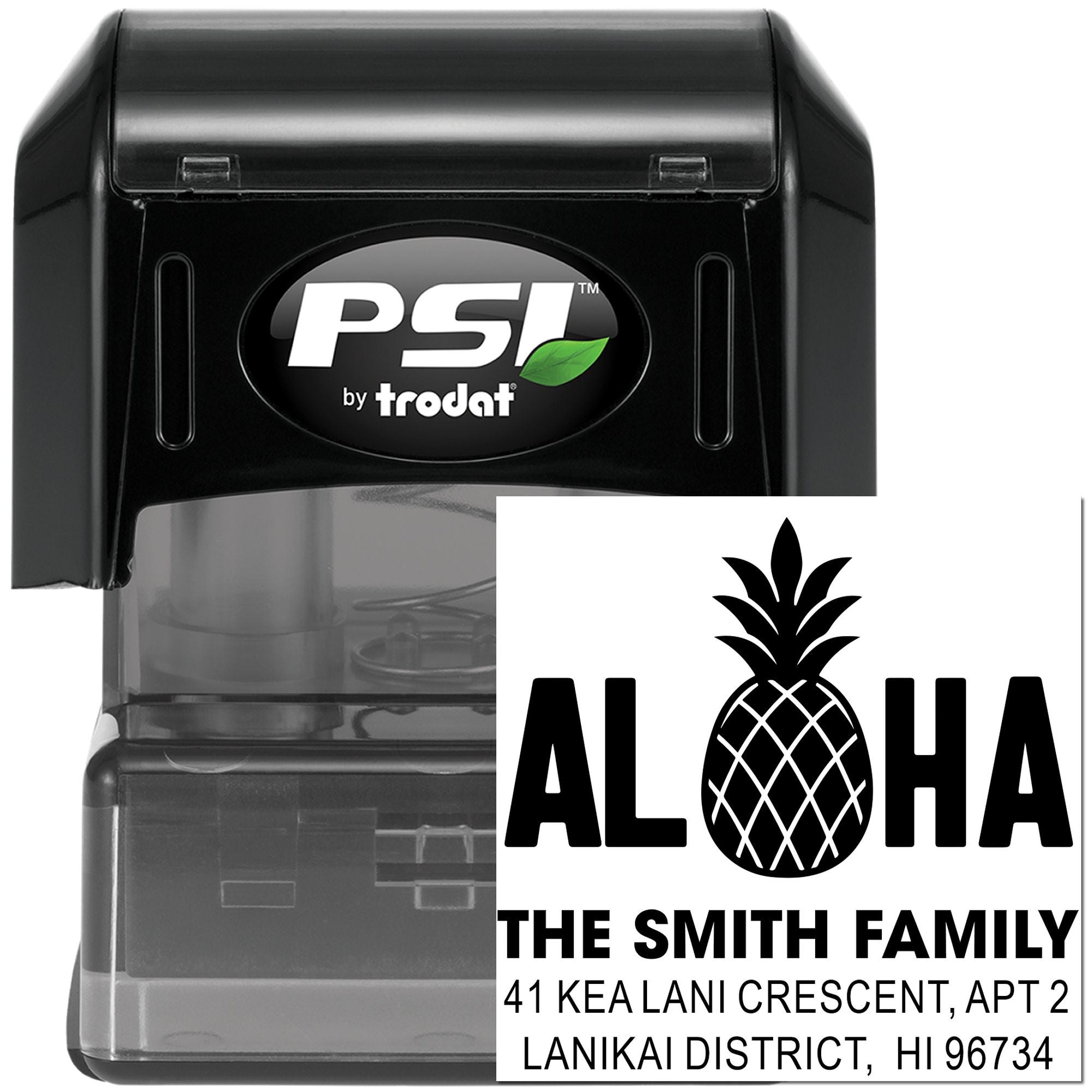 PSI by Trodat custom self-inking rubber stamp with Aloha pineapple return address for The Smith Family