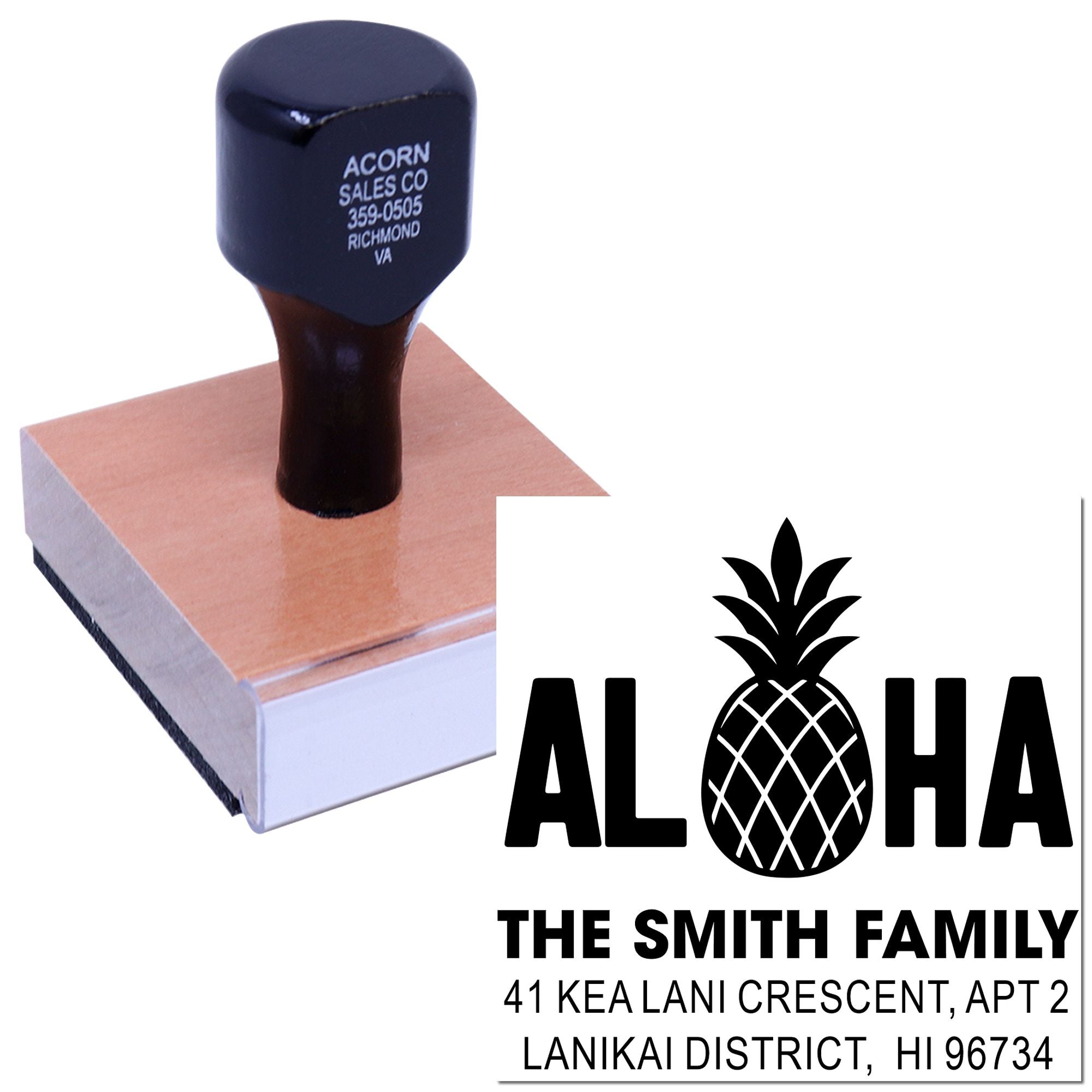 Custom Aloha pineapple address rubber stamp for The Smith Family, with name and Hawaiian mailing address.