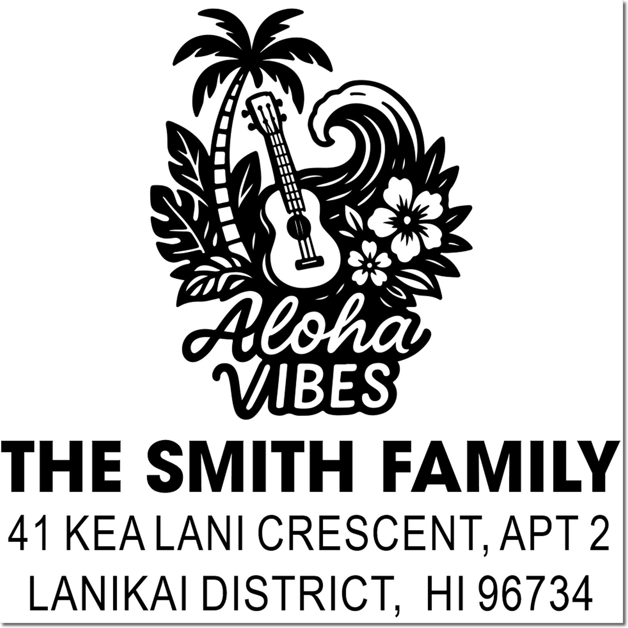 Custom Aloha Vibes address rubber stamp with tropical guitar logo for The Smith Family, Lanikai District, HI 96734.