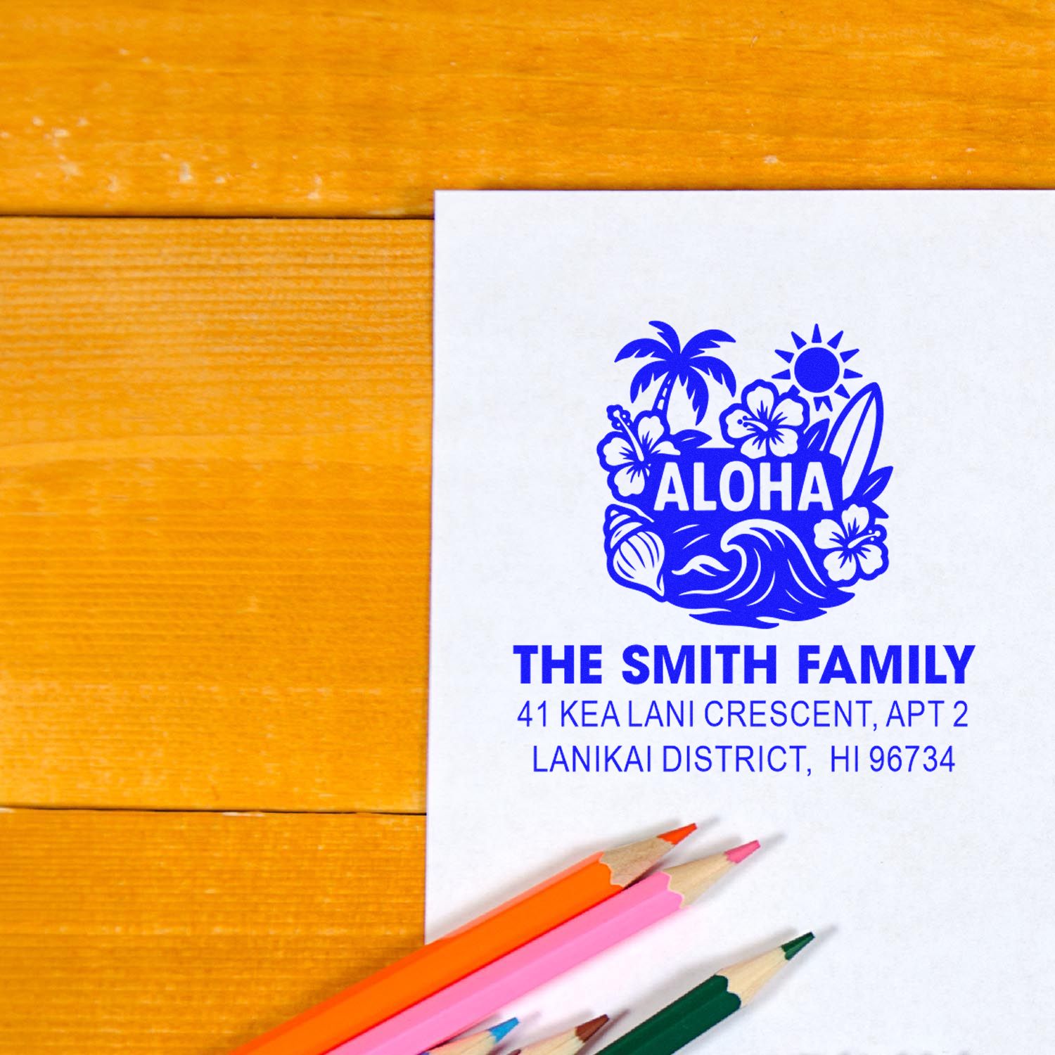 Custom Hawaiian return address rubber stamp with Aloha design for The Smith Family mail and envelope labeling