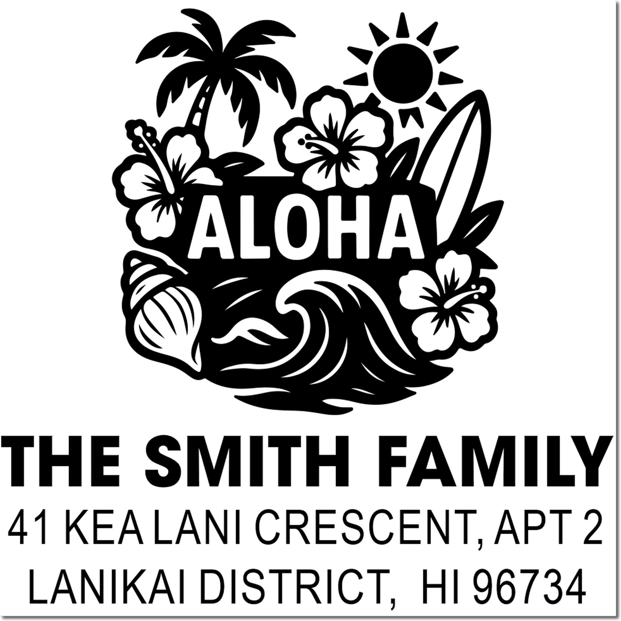 Personalized Hawaiian address rubber stamp with aloha, surfboard, palm tree, flowers, and The Smith Family in Lanikai, HI.