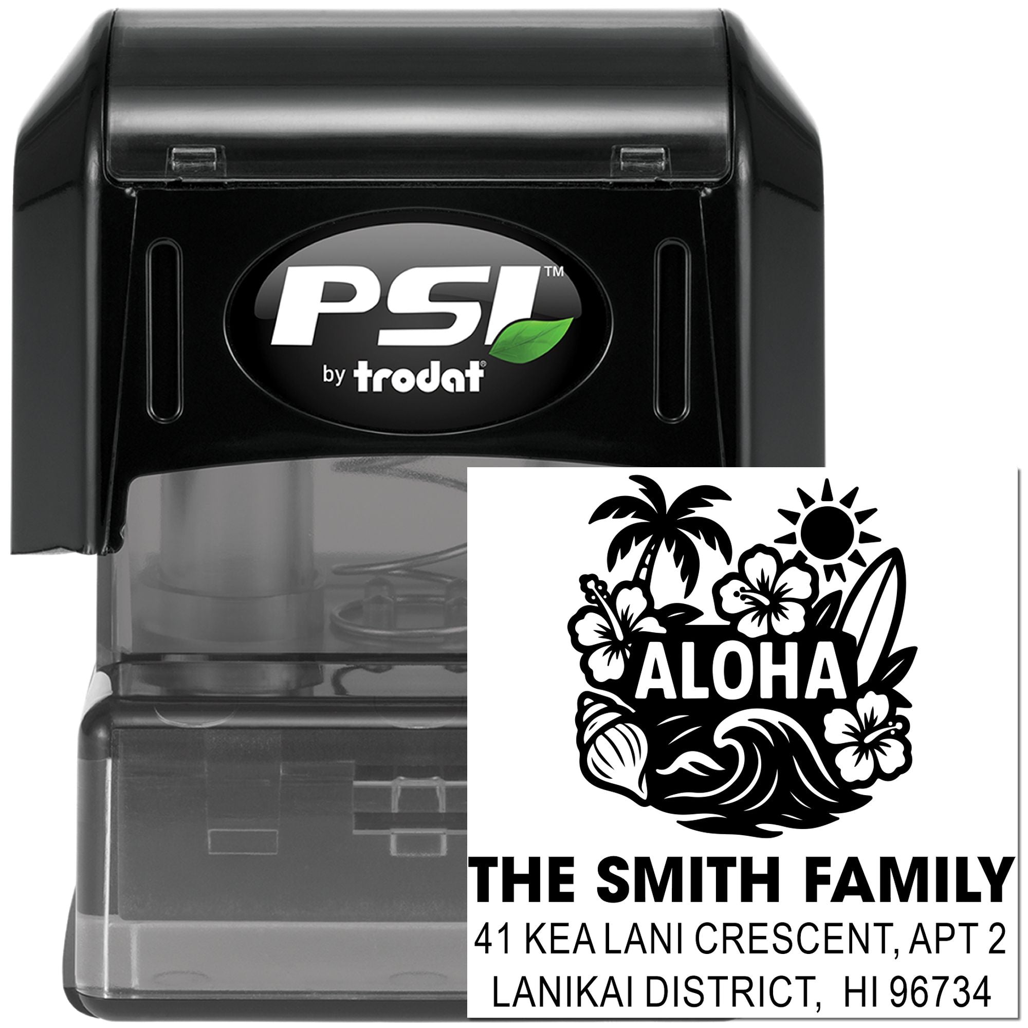 Self-inking custom address rubber stamp with tropical Aloha family design, PSI by Trodat, for return mail.