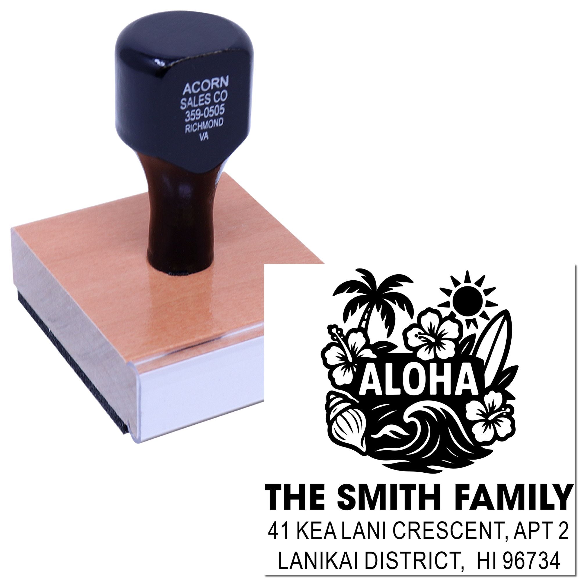 Personalized Aloha family address rubber stamp with tropical design for custom mailing and return addresses