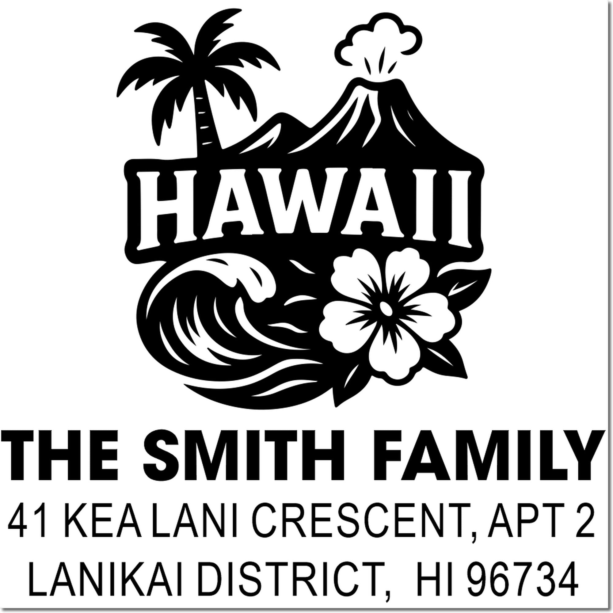 Custom Hawaii return address rubber stamp with tropical wave, palm, and volcano design for The Smith Family.