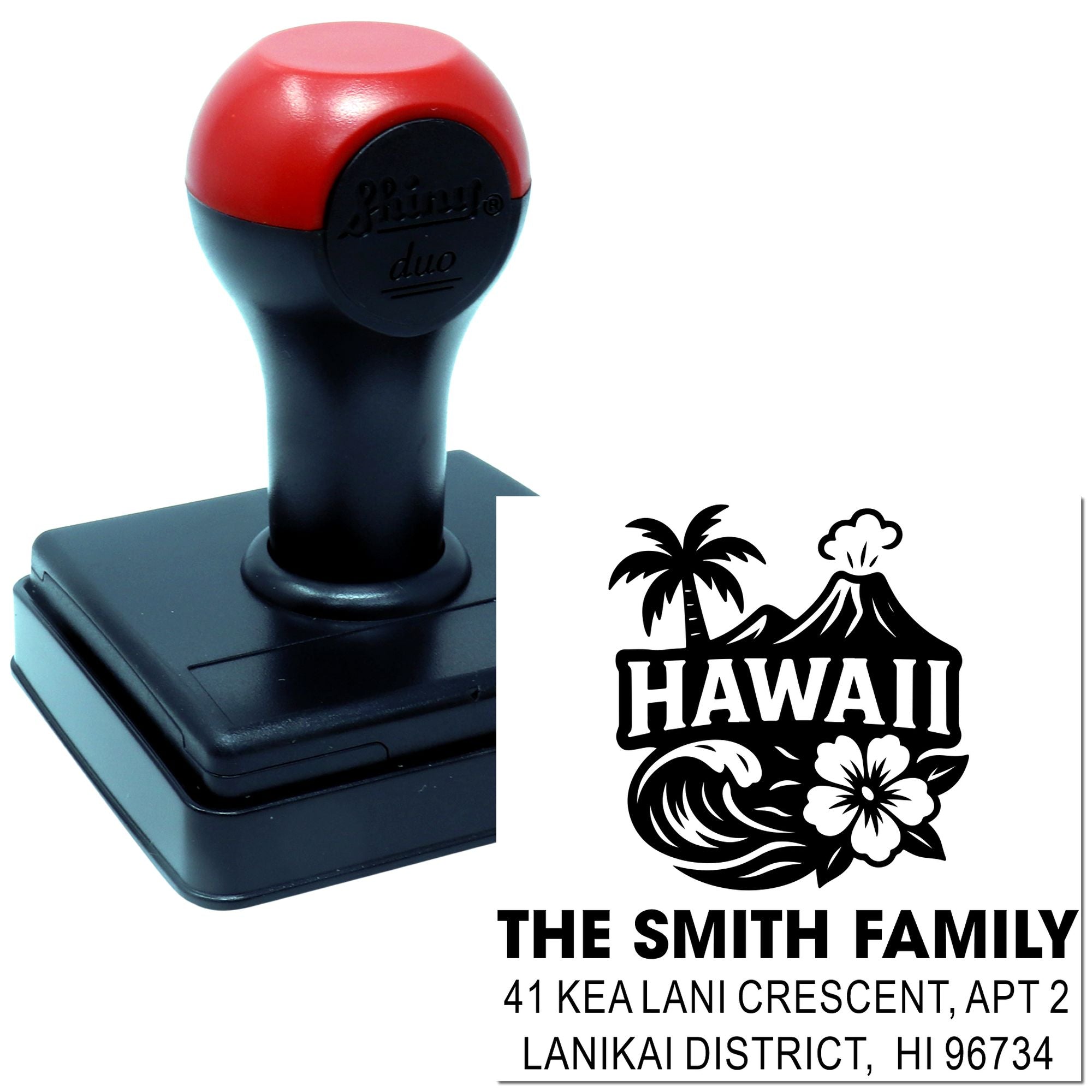 Custom Hawaii self-inking rubber address stamp with tropical family design for personalized envelopes and mailings