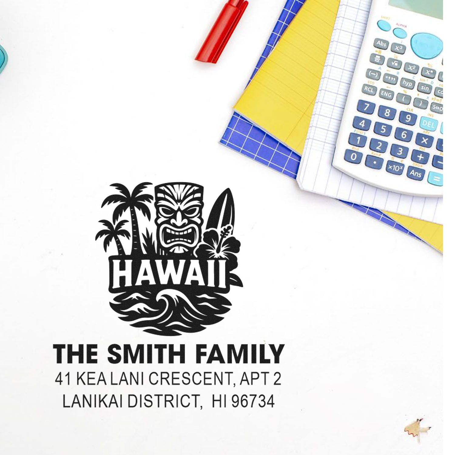Custom Hawaii return address rubber stamp with tiki design for The Smith Family, Lanikai District home mailing address.