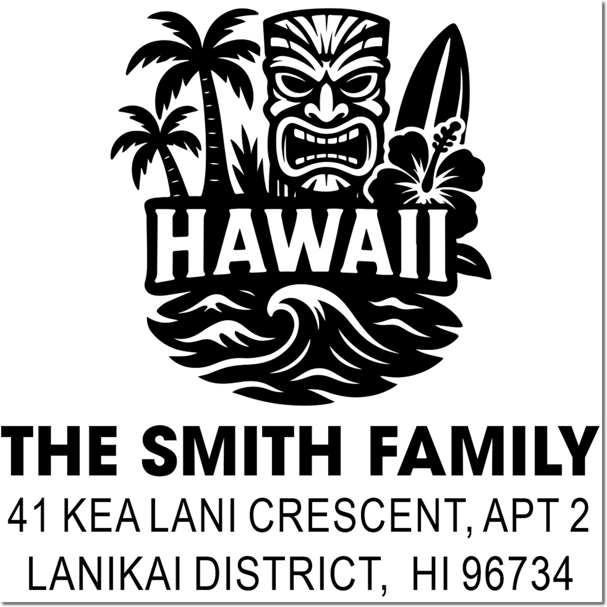 Custom Hawaii family address rubber stamp with tiki, palm trees and surfboard for The Smith Family in Lanikai District, HI