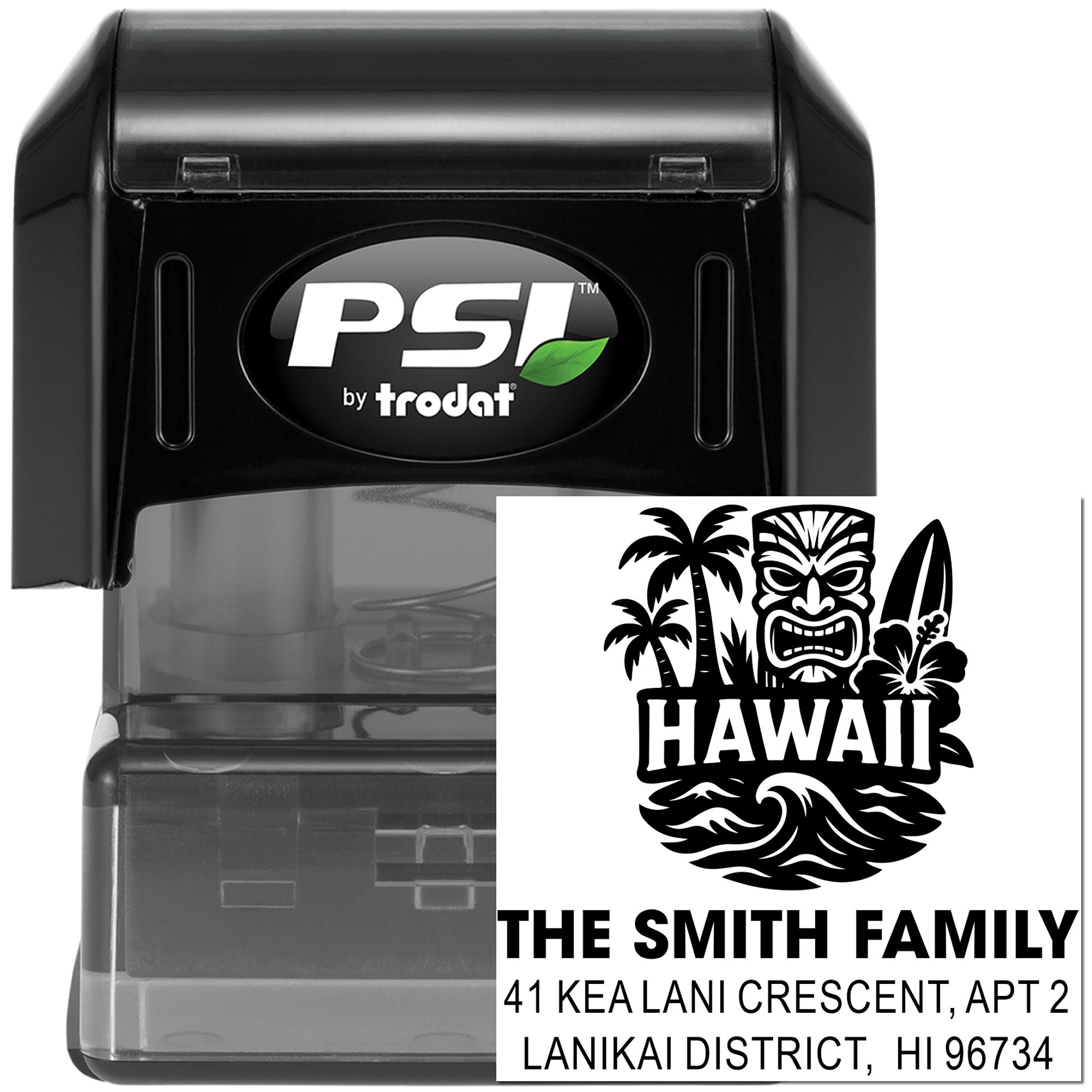 Custom self-inking rubber address stamp with Hawaii tiki design for The Smith Family mailing labels.