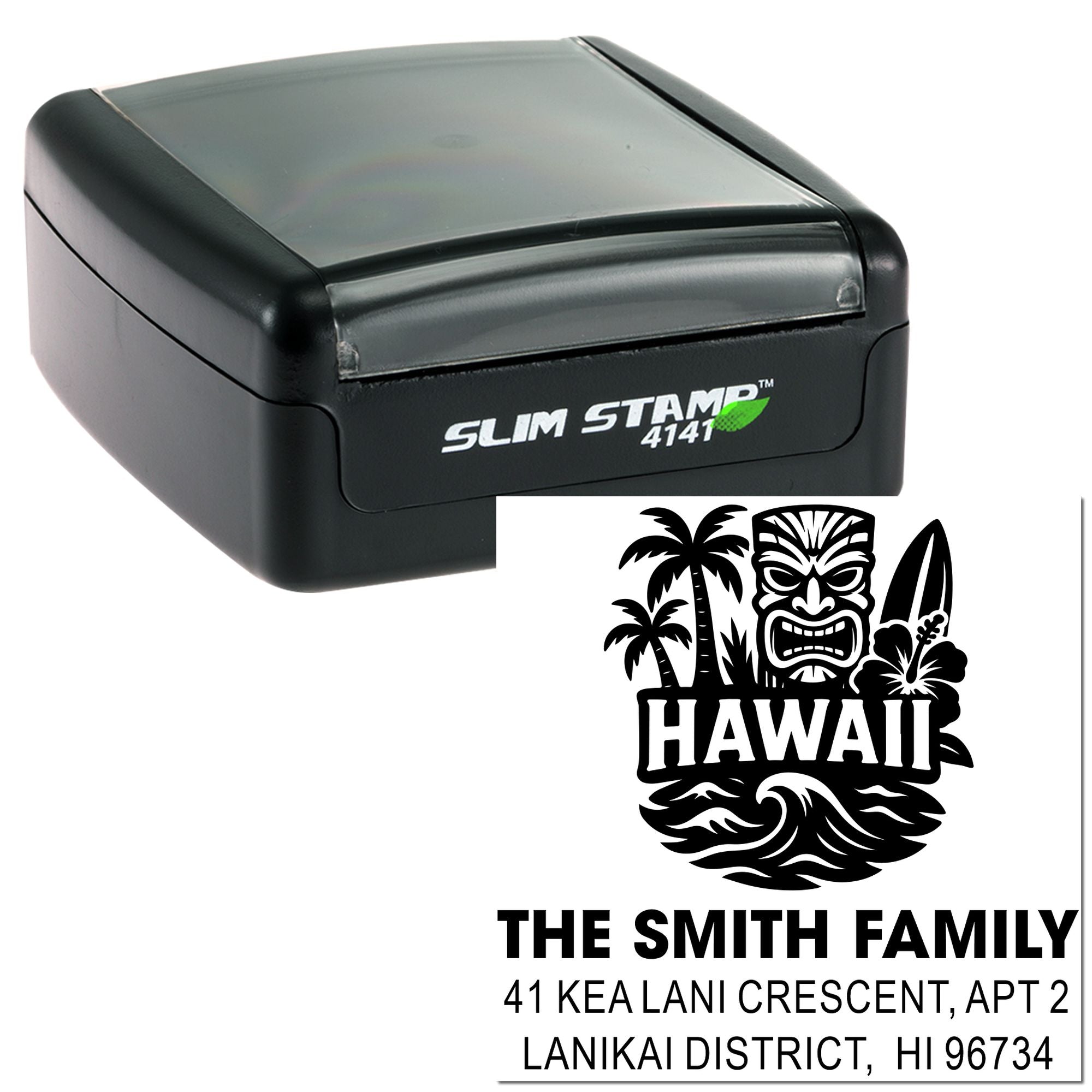 Custom self-inking rubber stamp showing a Hawaii tiki family address imprint for The Smith Family.