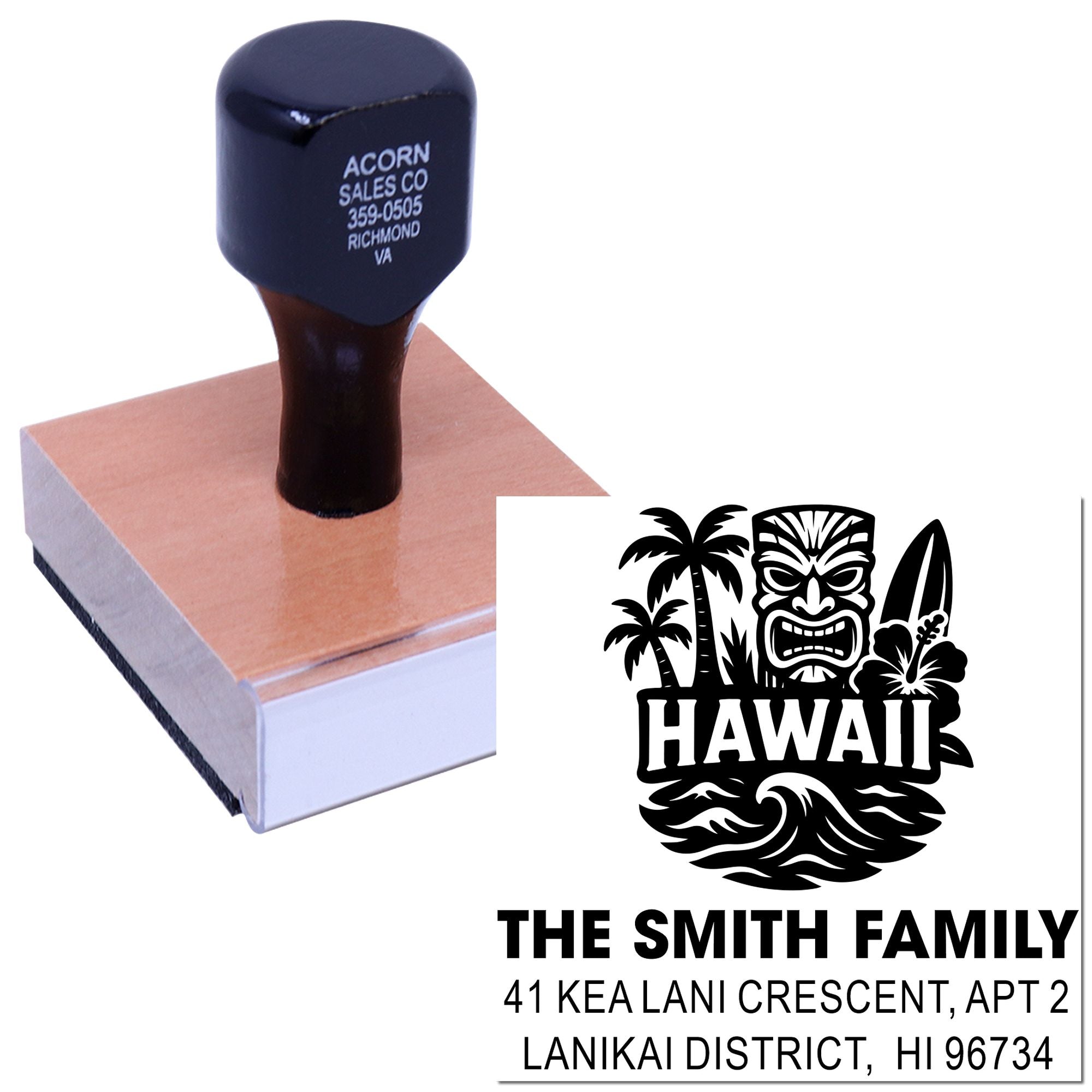 Custom Hawaii family return address rubber stamp with tiki and palm design for personalized mailing and craft use.