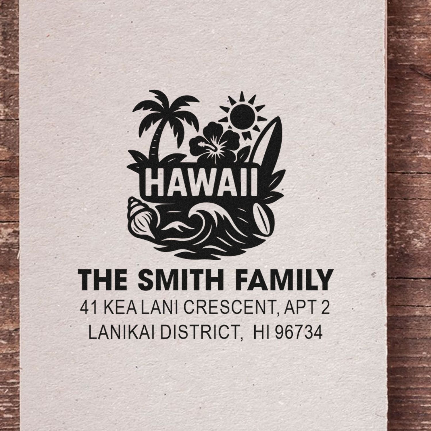 Custom Hawaii return address rubber stamp for The Smith Family with tropical palm, hibiscus, surfboard and waves.