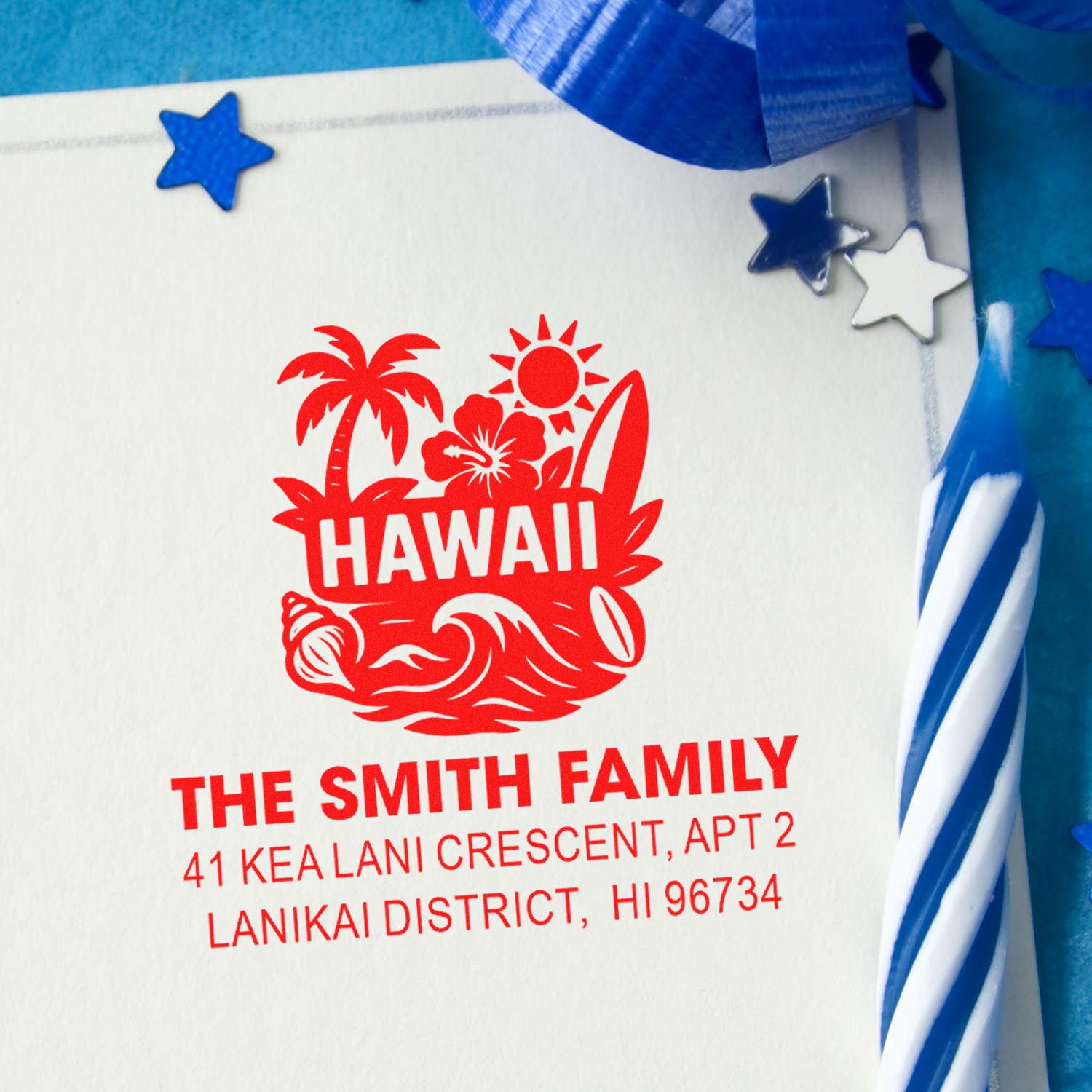 Custom Hawaii rubber stamp with surf theme and return address for The Smith Family, Lanikai District, HI