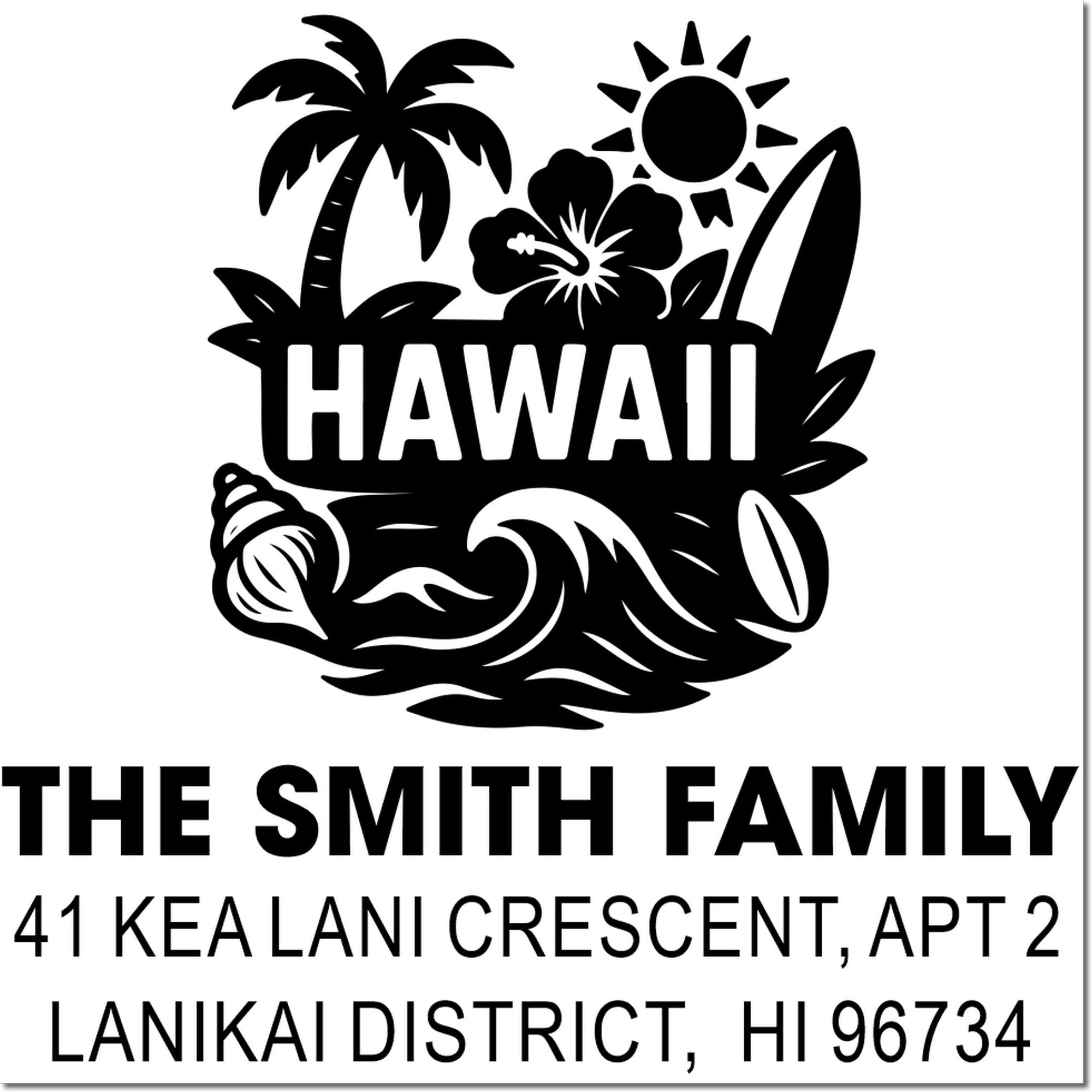 Custom Hawaii address rubber stamp for The Smith Family, 41 Kea Lani Crescent, Lanikai District, HI 96734, with tropical beach icons.