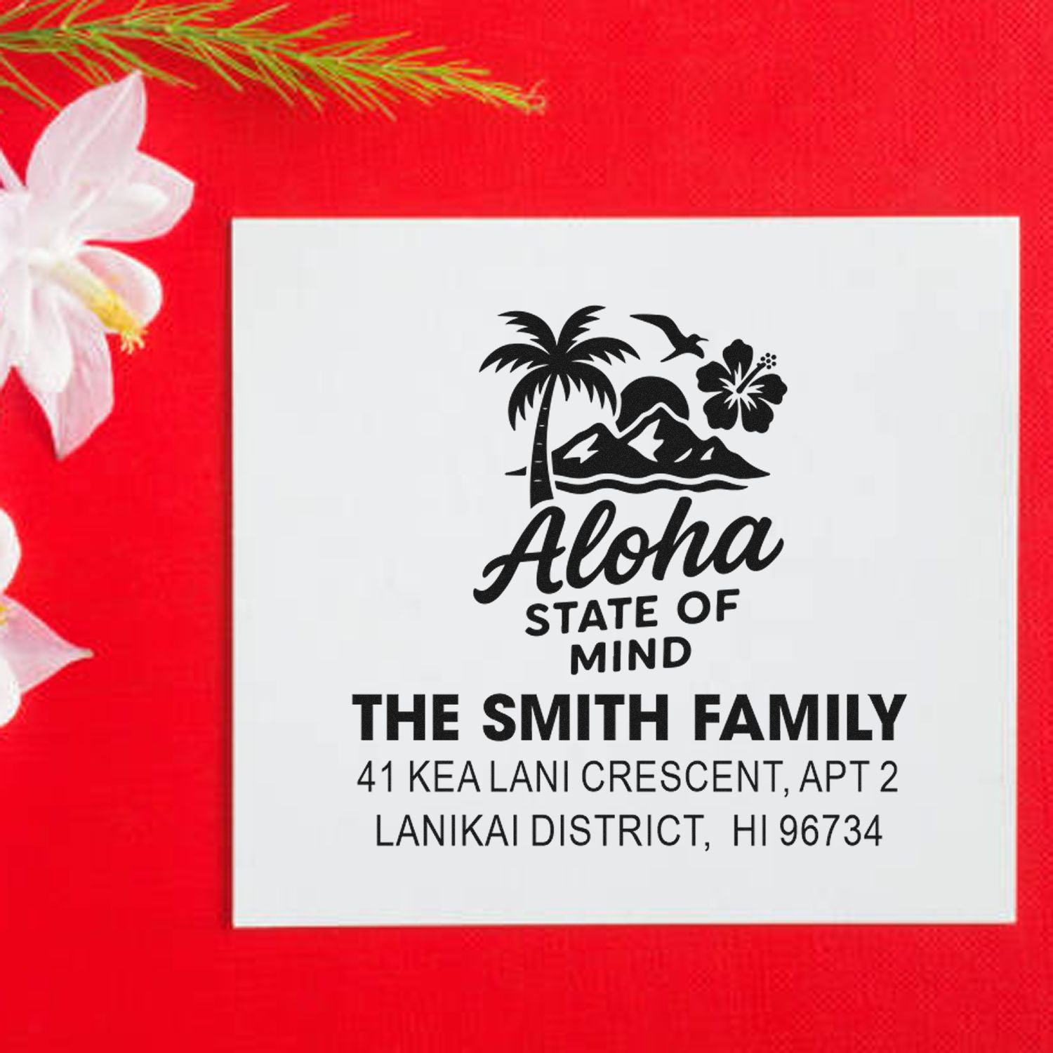 Custom Hawaii address rubber stamp with Aloha design for The Smith Family, Lanikai District, HI.
