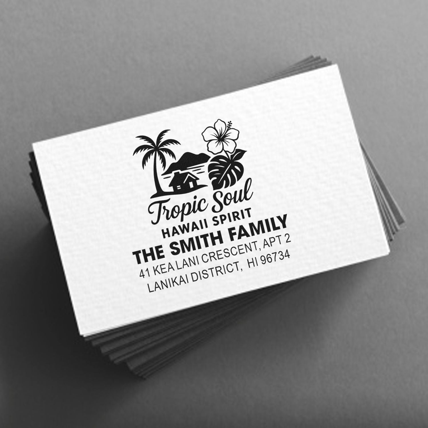 Custom tropical return address rubber stamp with Hawaiian theme, family name, and mailing address for envelopes.