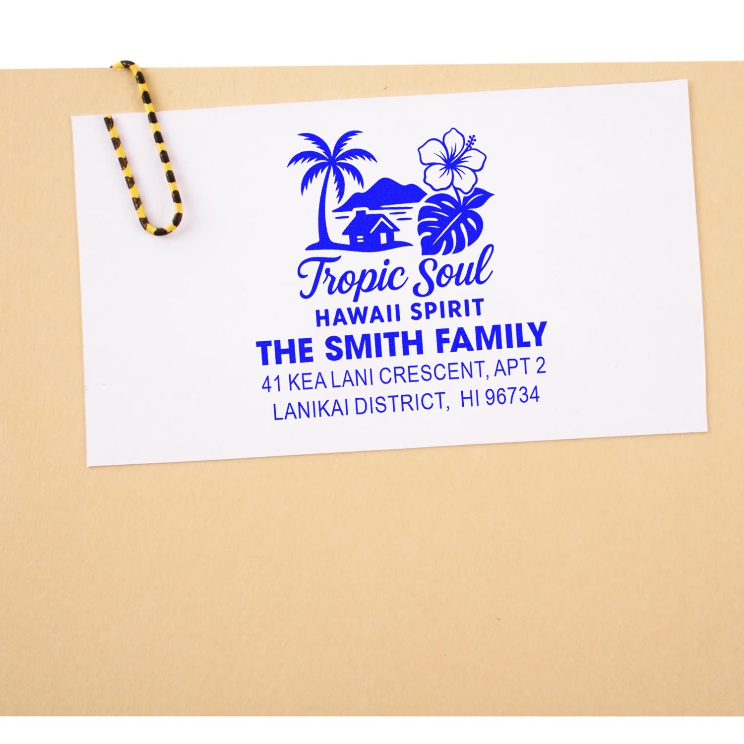 Custom Hawaii address rubber stamp for The Smith Family, featuring palm trees, hibiscus and Tropic Soul beach logo.