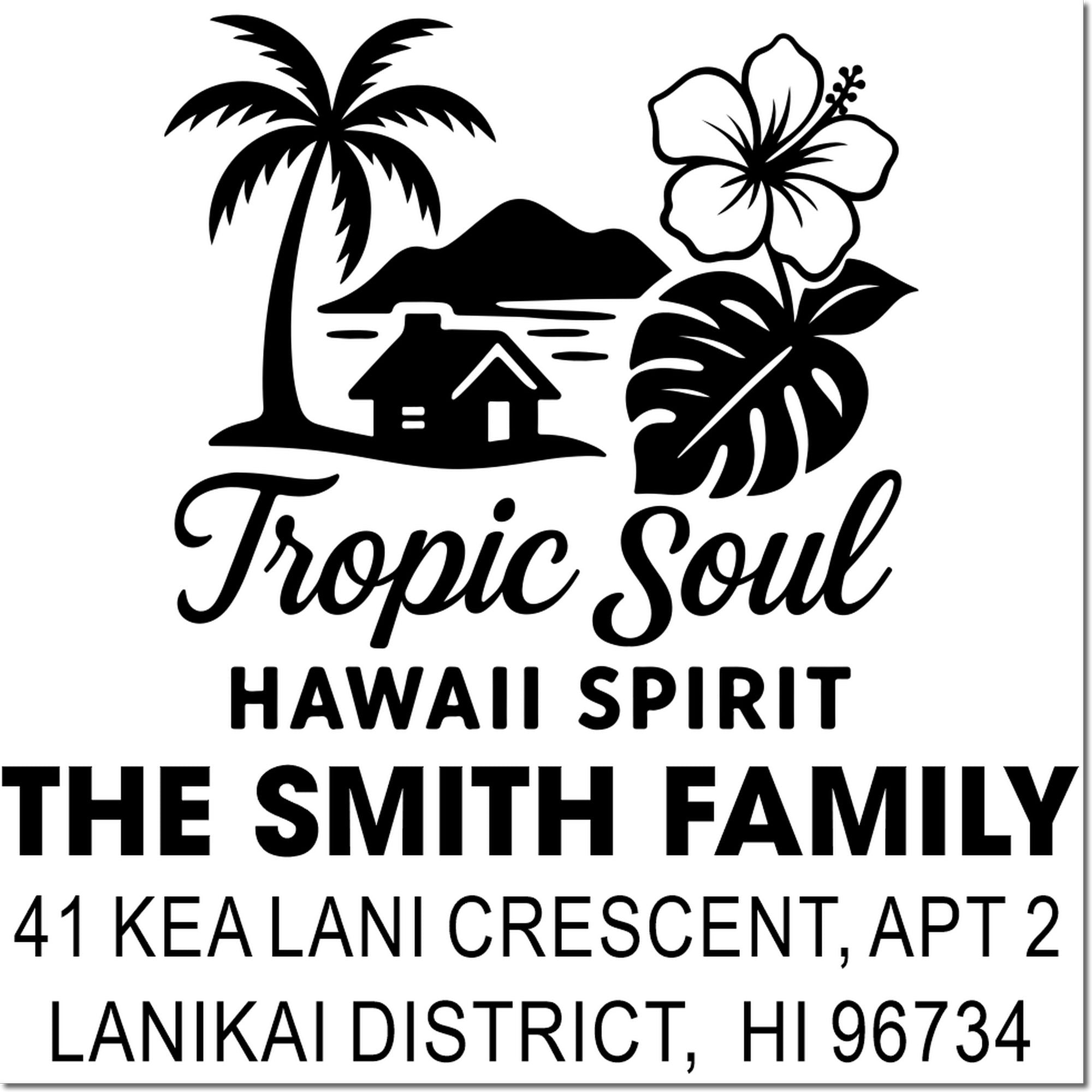 Custom tropical return address rubber stamp for The Smith Family, featuring palm, hibiscus, and Hawaii spirit design.