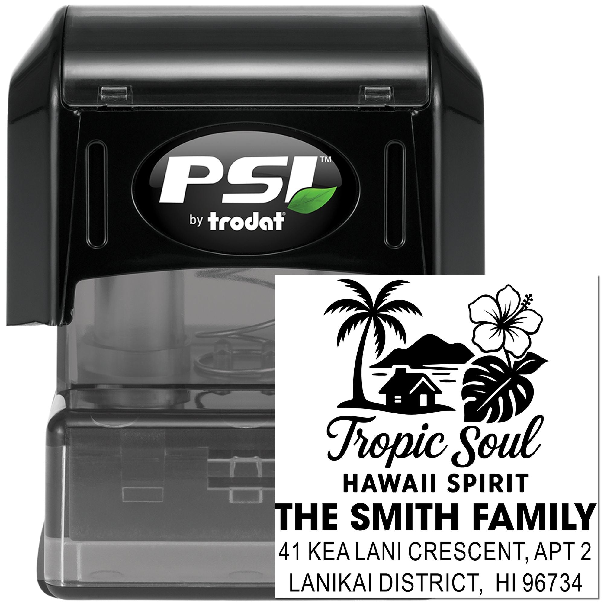 Custom tropical Hawaii address rubber stamp with palm tree and hibiscus design, PSI by Trodat self-inking family mail stamp.