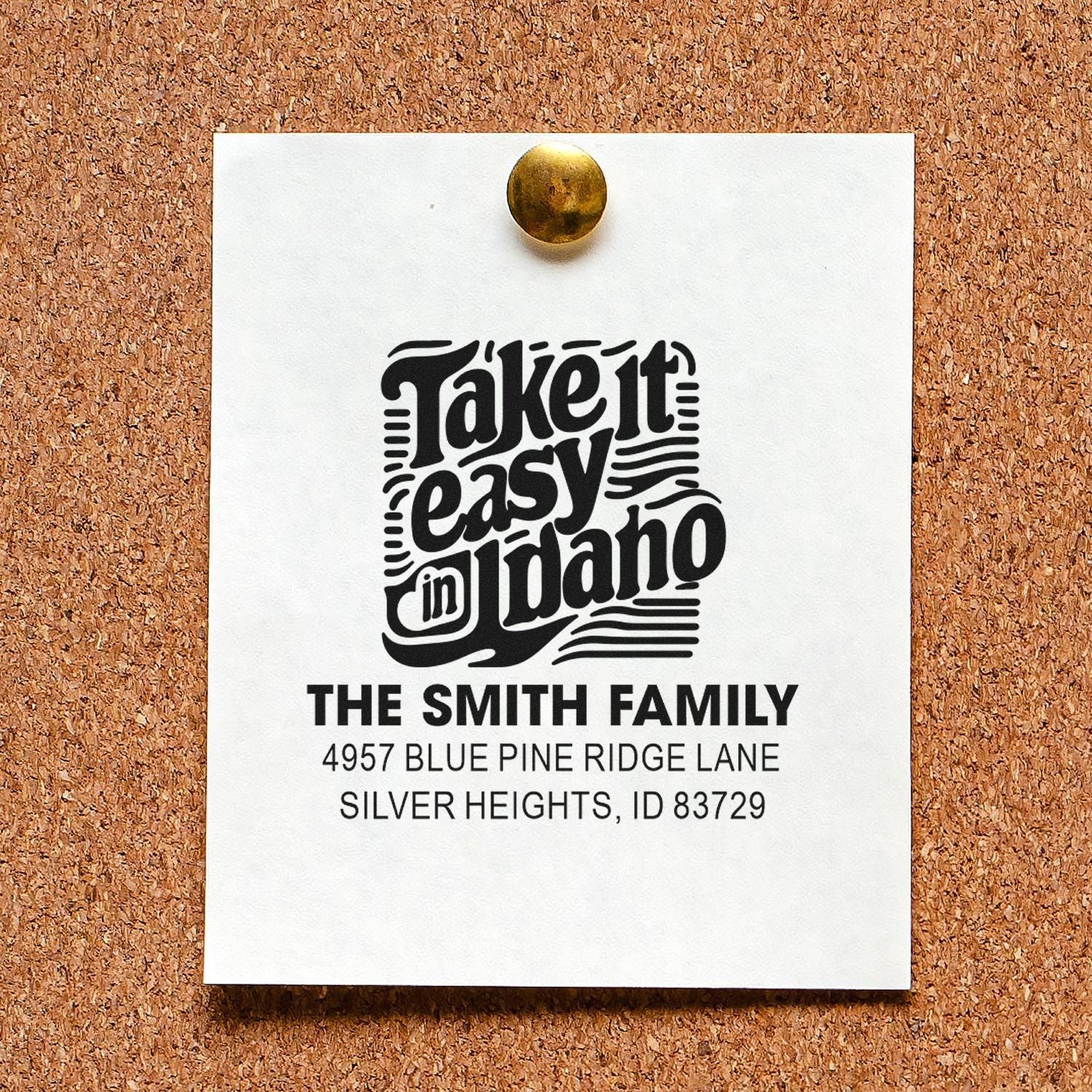 Custom return address rubber stamp with Take It Easy in Idaho design for The Smith Family, Silver Heights, ID.