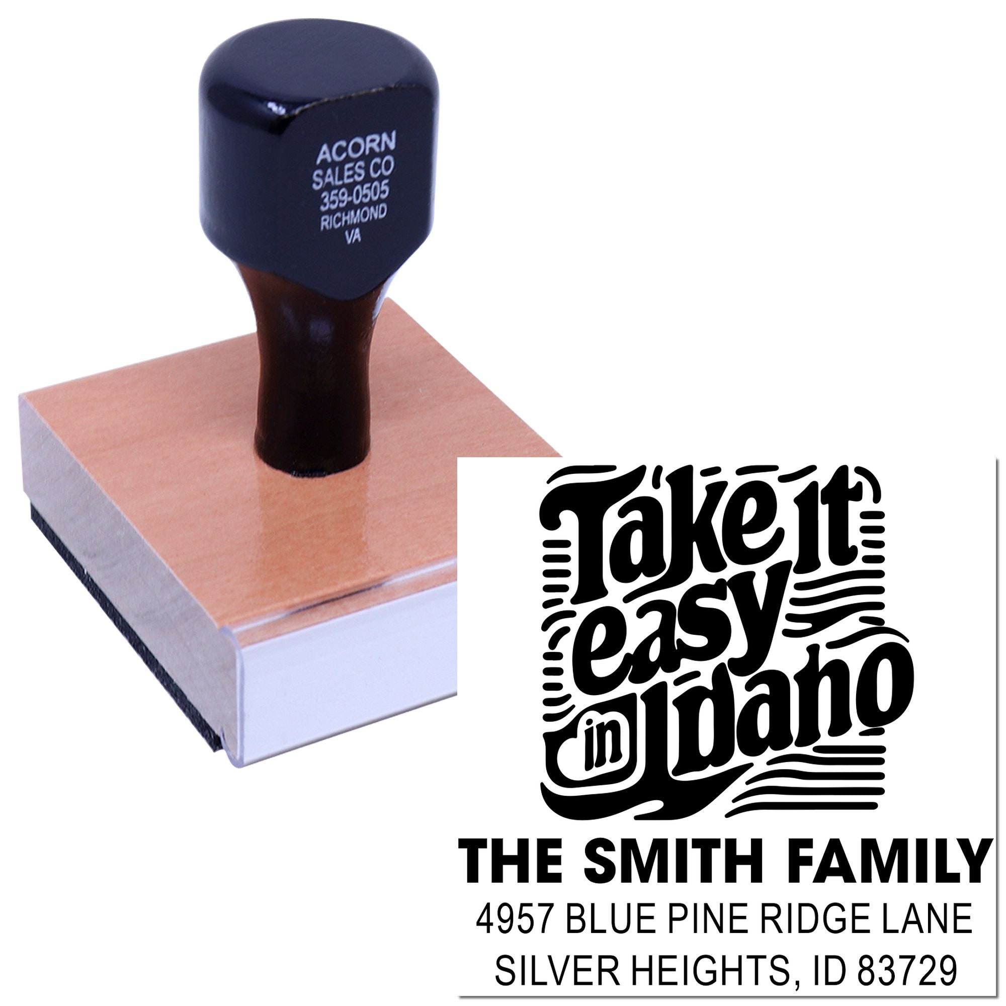 Custom rubber stamp with family return address and Take it easy in Idaho design for personalized mail.