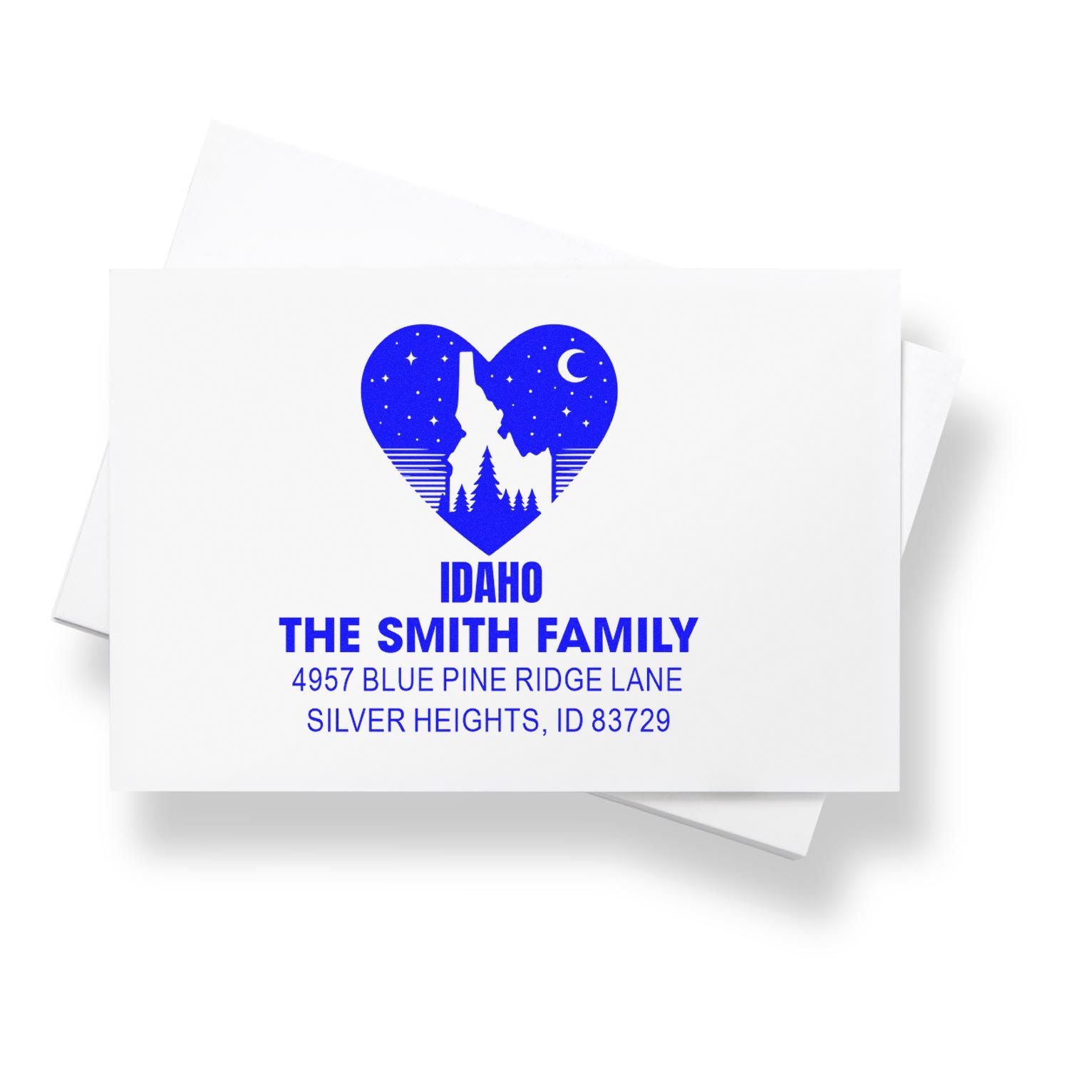 Custom Idaho family return address rubber stamp with heart mountain logo and blue pine design for personalized mailing