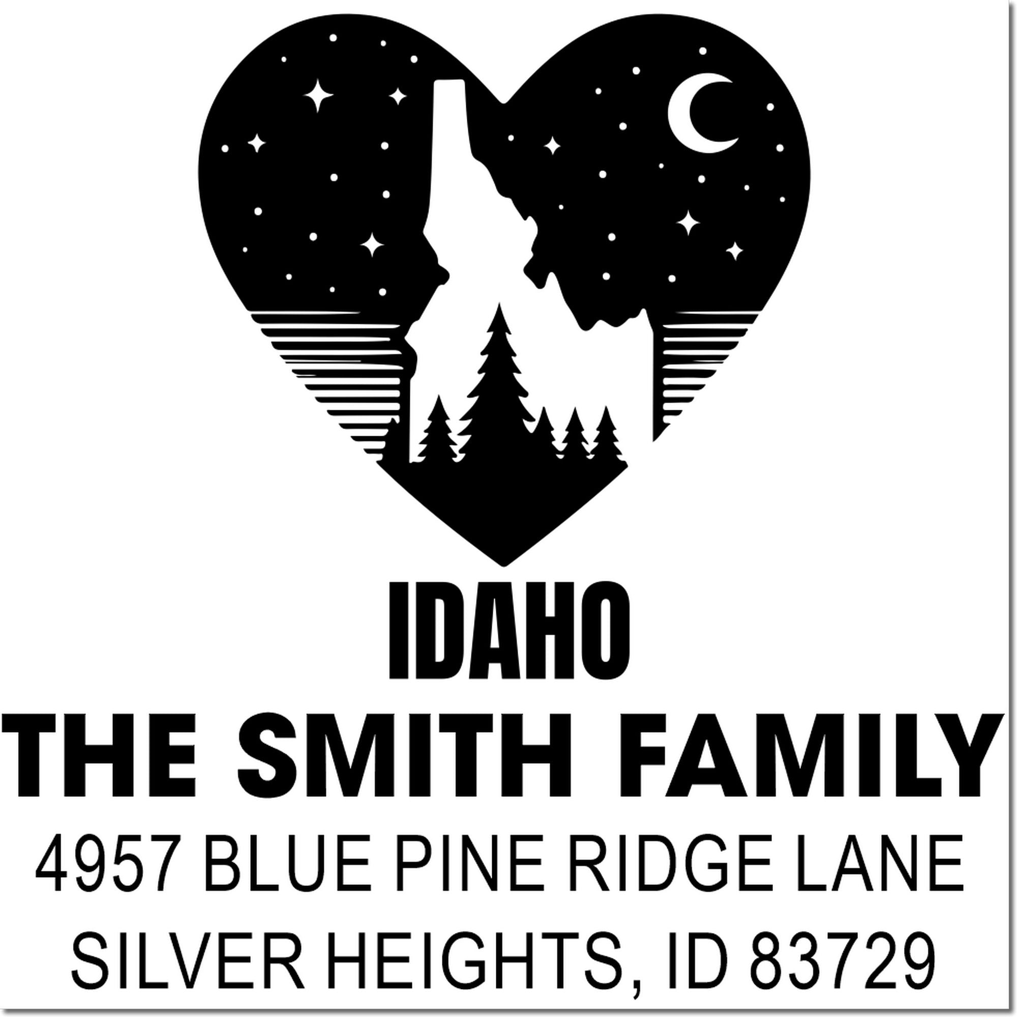 Custom Idaho family address rubber stamp design with heart-shaped state silhouette, pine trees, and Blue Pine Ridge Lane address.