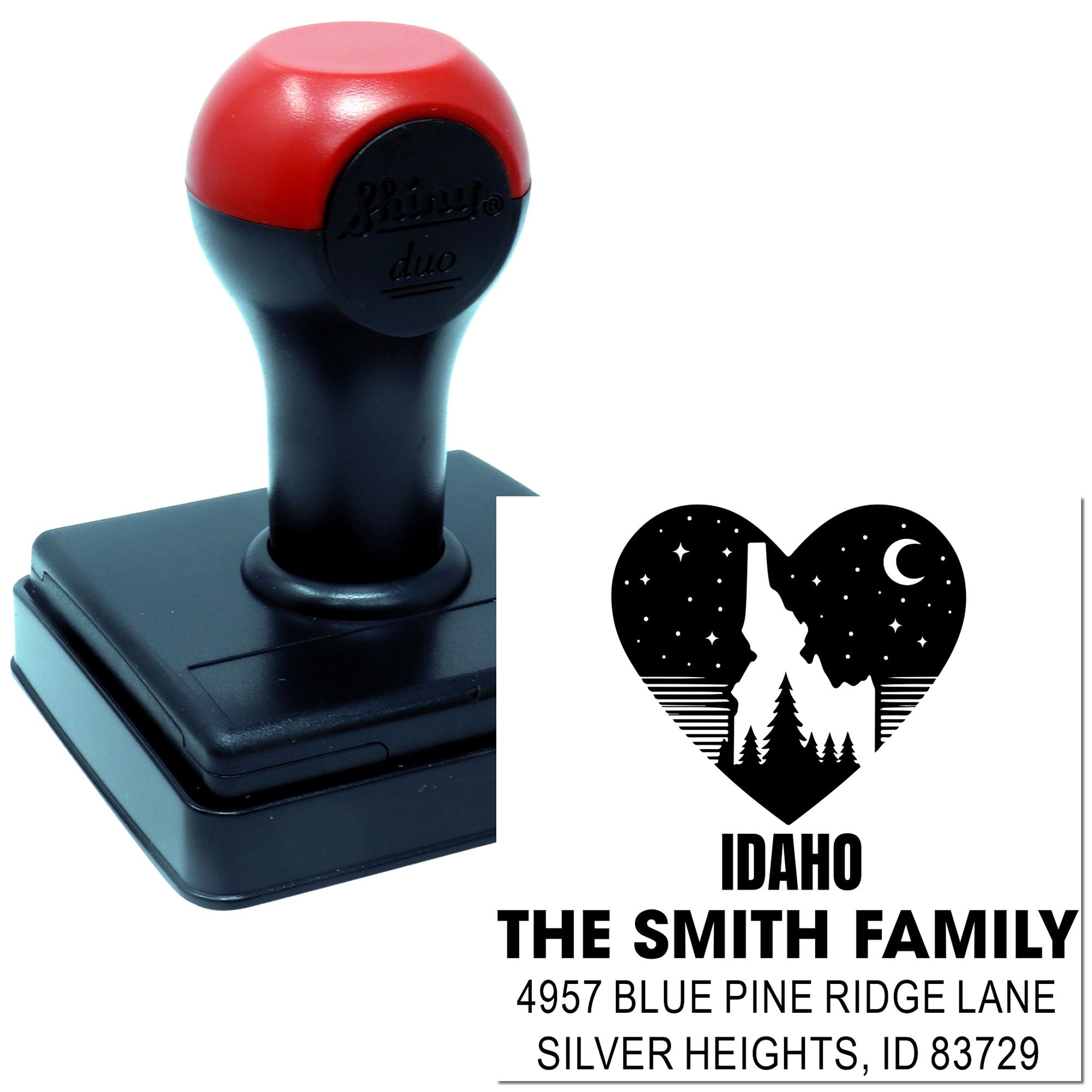 Custom self-inking rubber address stamp with Idaho heart design and Smith family return address for mailing.