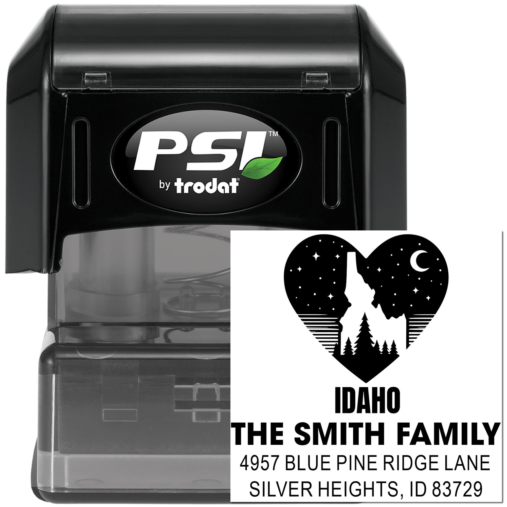 PSI by Trodat self-inking rubber stamp with custom Idaho return address design for envelopes and mail.