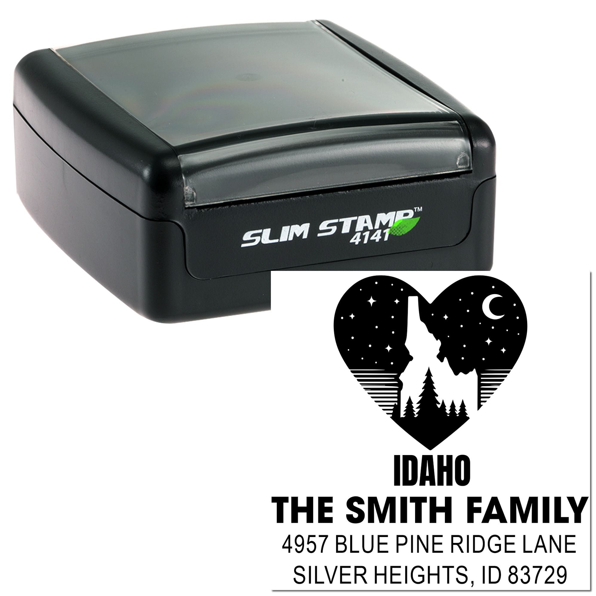 Custom Idaho return address rubber stamp with self-inking Slim Stamp 4141 for The Smith Family.
