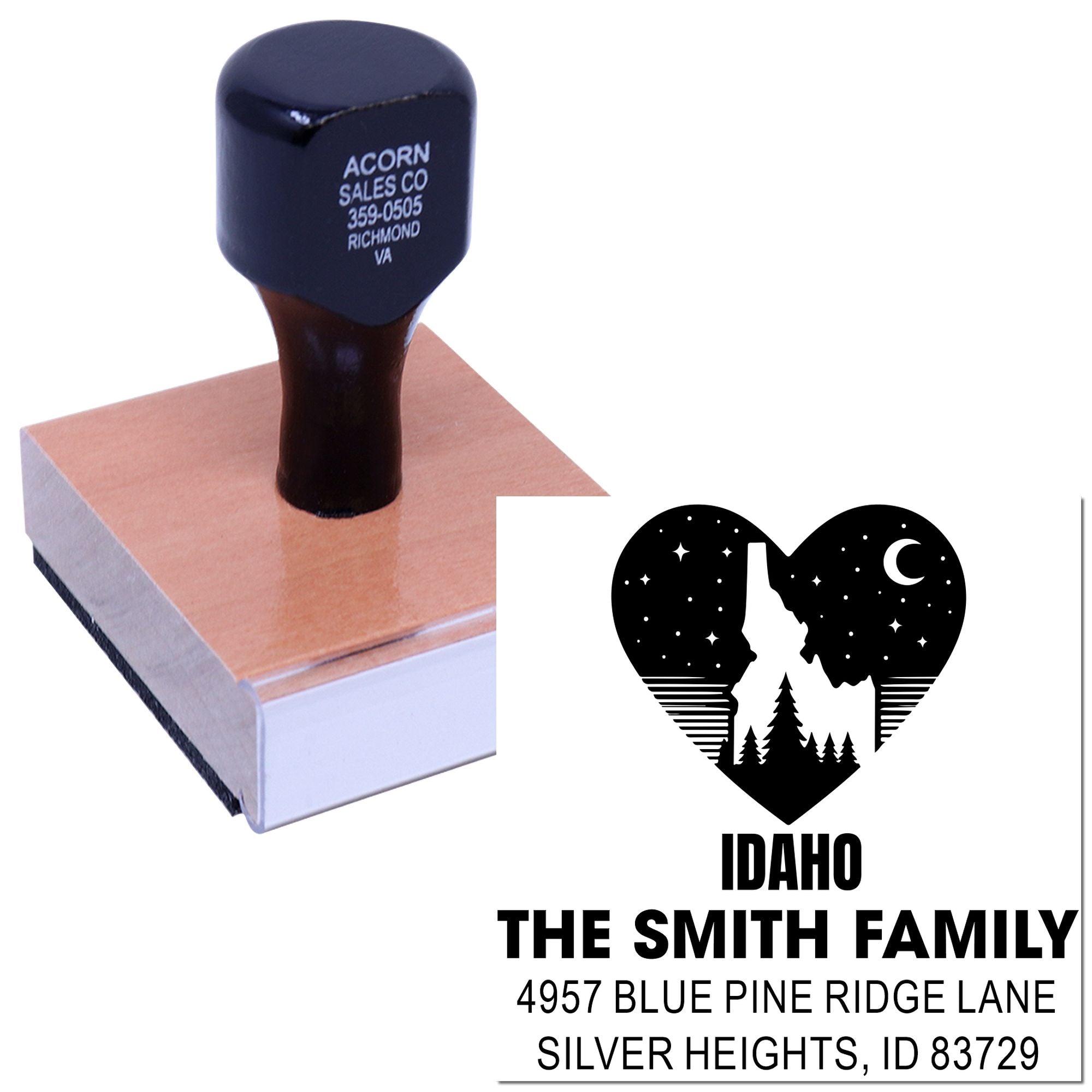 Custom rubber stamp and example imprint featuring Idaho family name and return address design.