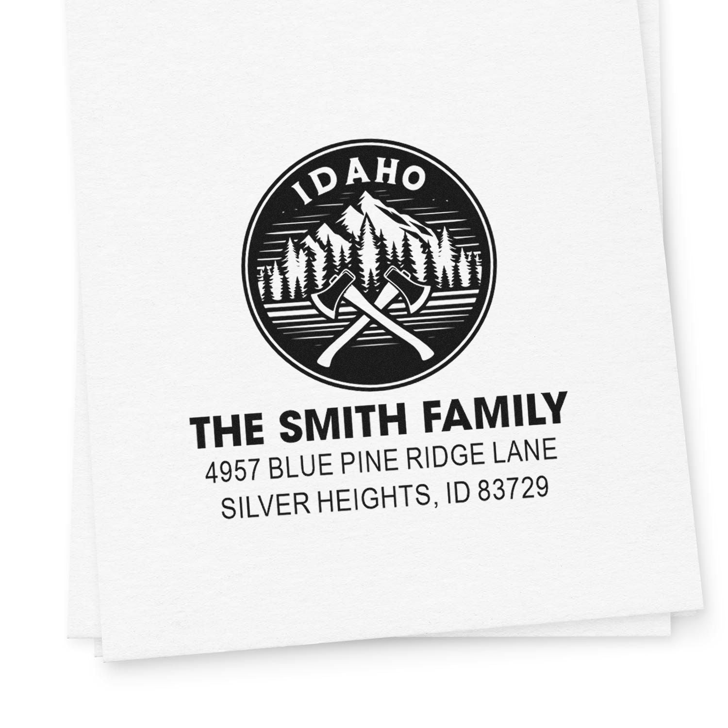 Personalized Idaho return address rubber stamp for The Smith Family with mountain and crossed-axes logo, Silver Heights, ID