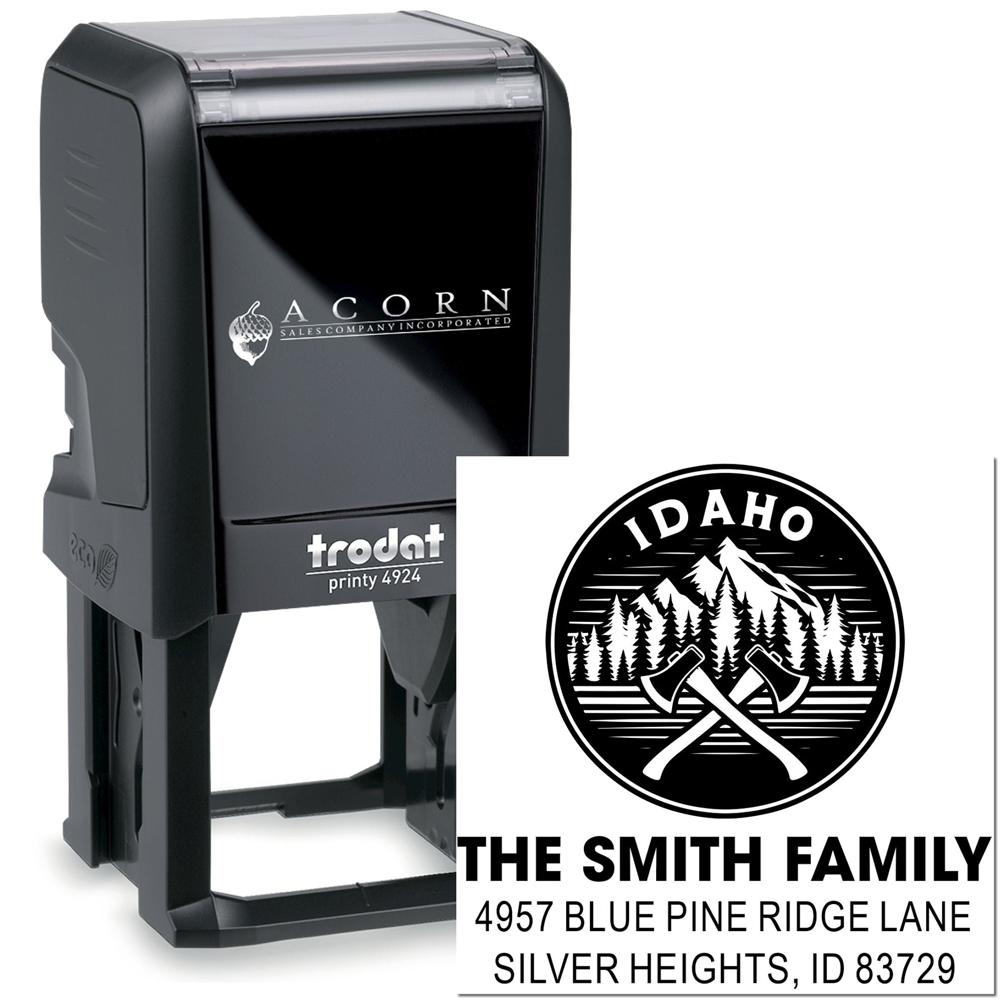 Custom Idaho family address self-inking rubber stamp, Trodat Printy 4924, with mountain and crossed-axes logo.