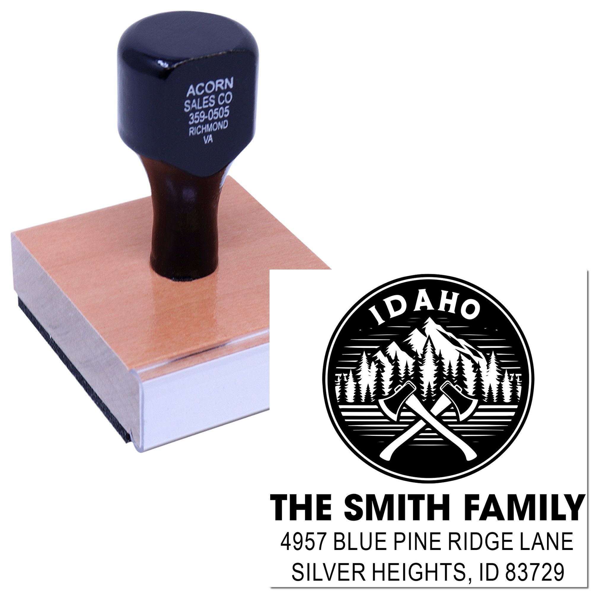 Custom rubber address stamp with family logo and mailing details for personalized envelopes and business correspondence.