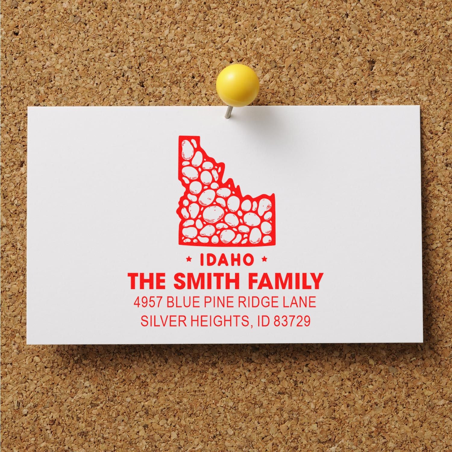 Custom Idaho address rubber stamp for The Smith Family, with state silhouette and return mailing details.