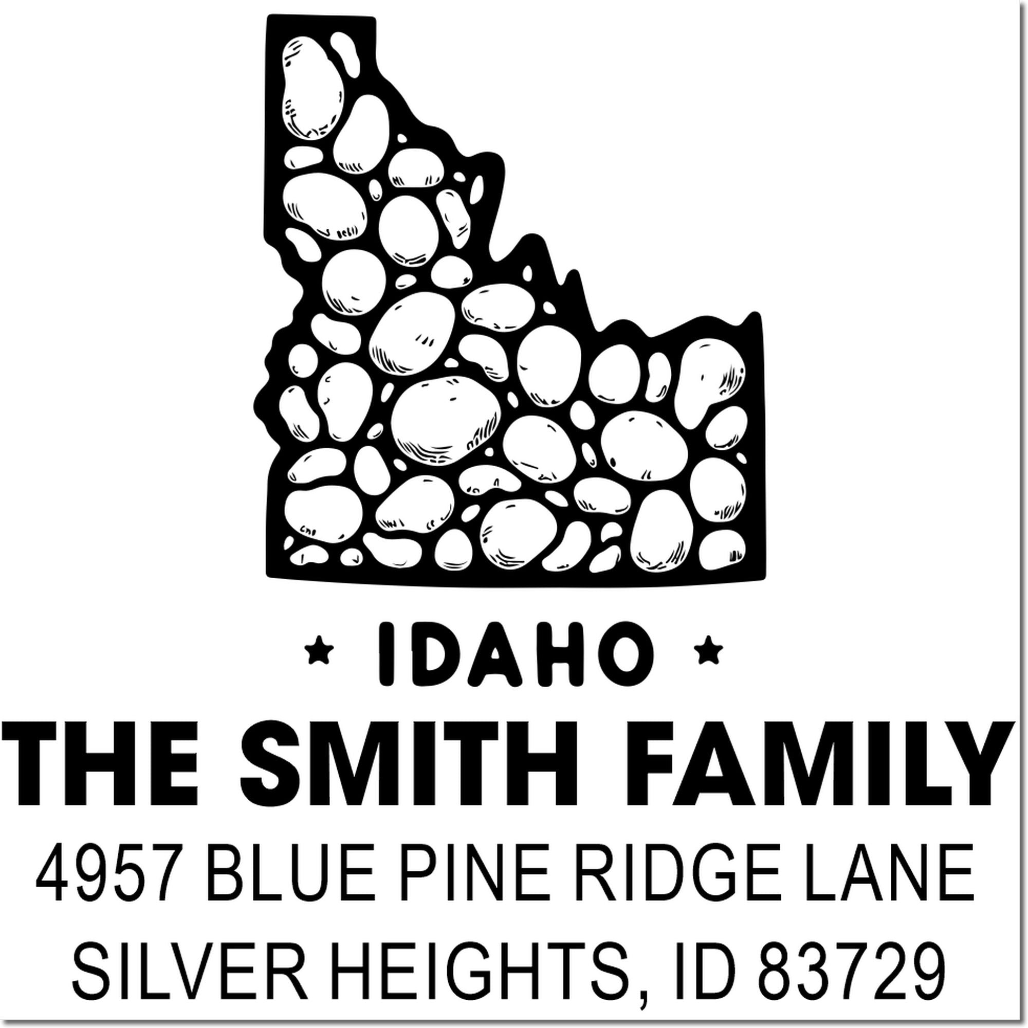 Custom Idaho family address rubber stamp with state outline, The Smith Family, Silver Heights, ID 83729