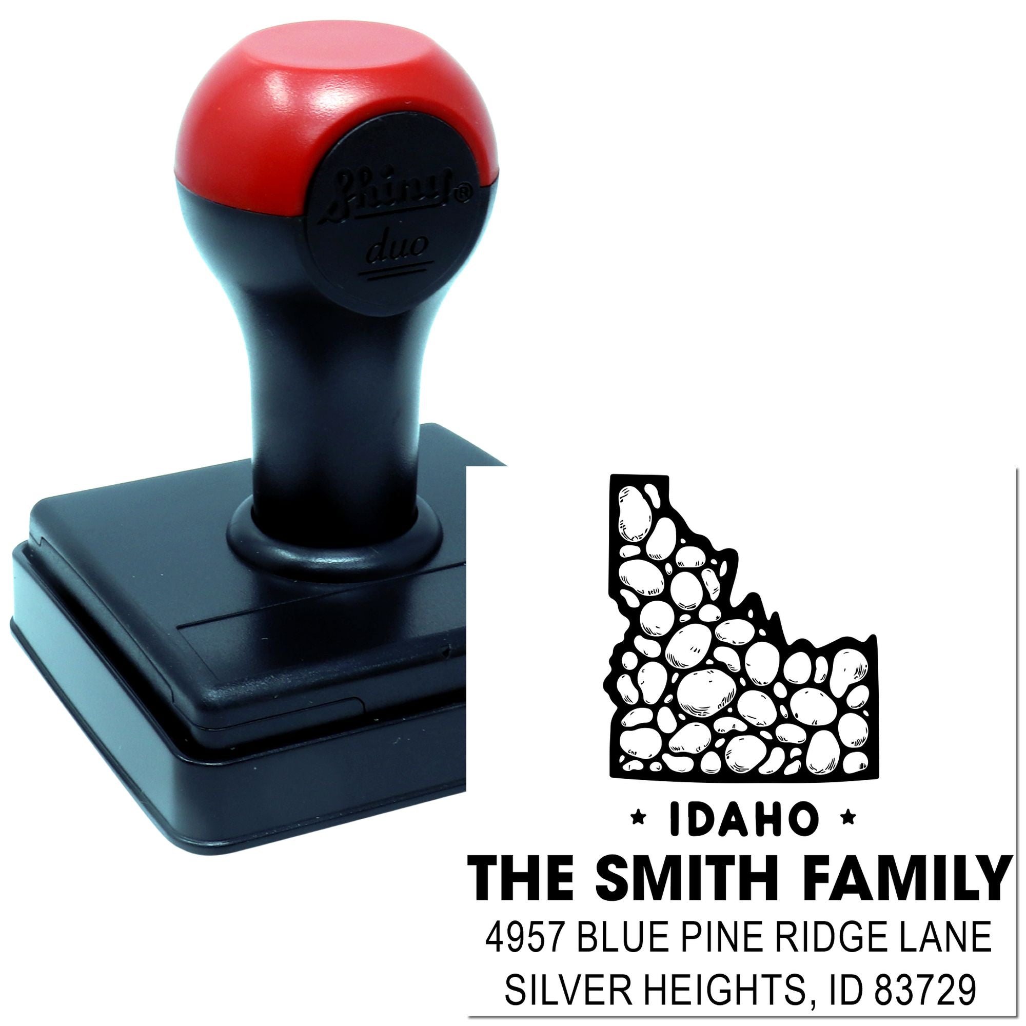Custom self-inking Idaho return address rubber stamp for The Smith Family with state design and mailing address
