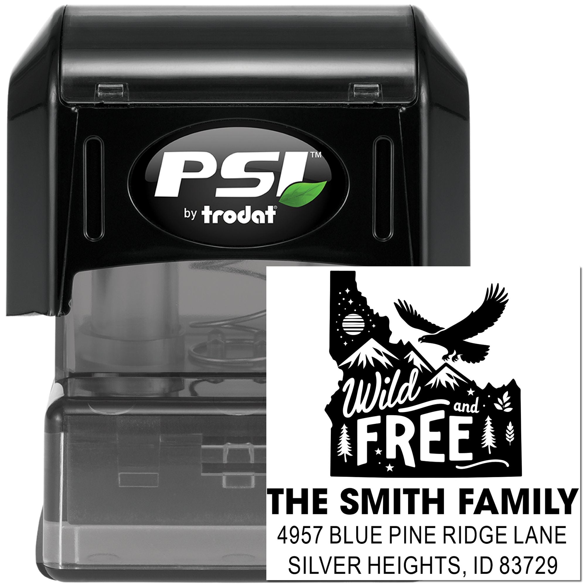 PSI by Trodat custom self-inking return address rubber stamp with Wild and Free design for The Smith Family.