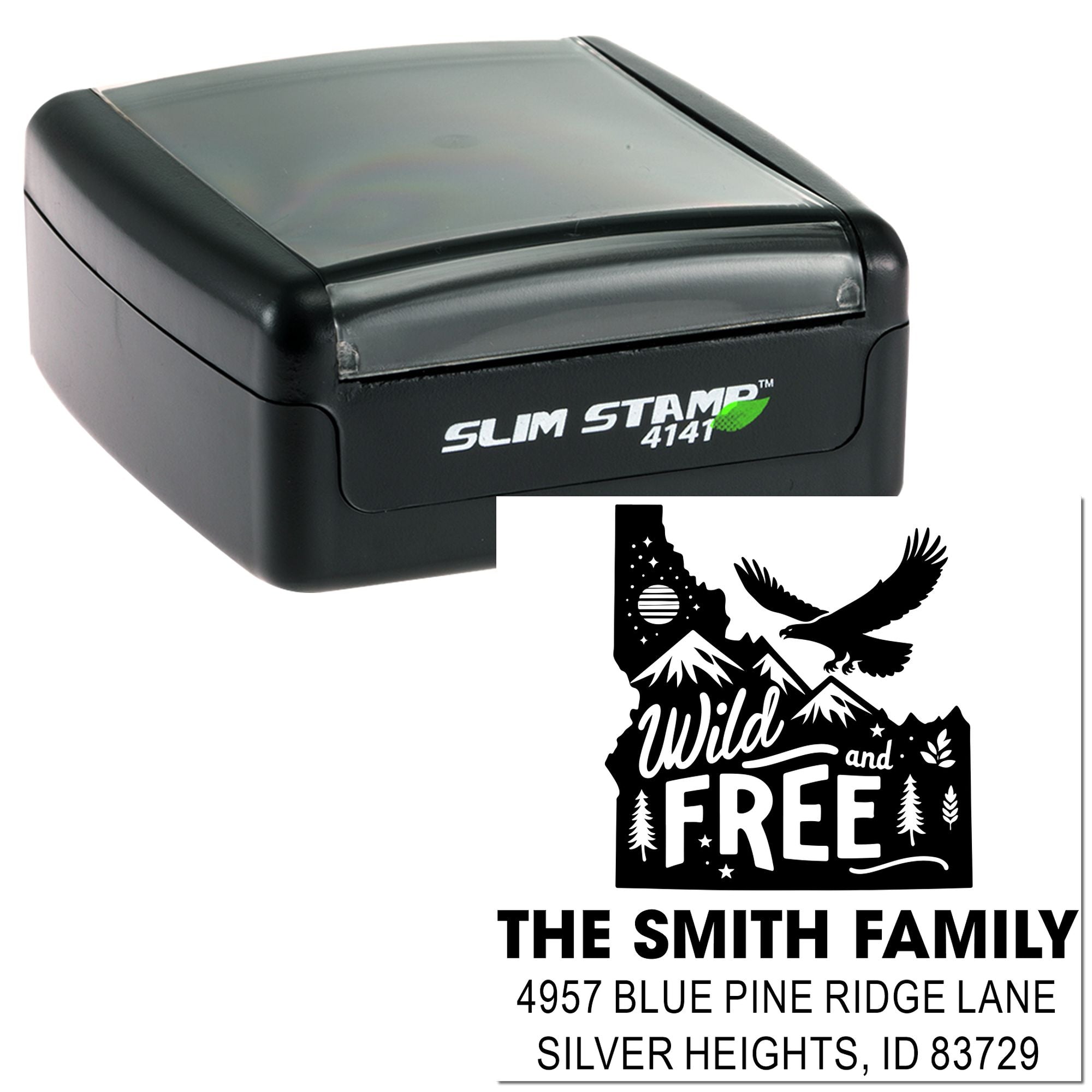 Wild Idaho Spirit Rustic Personalized Address Stamp, Slim Pre-Inked Square Custom Stamp