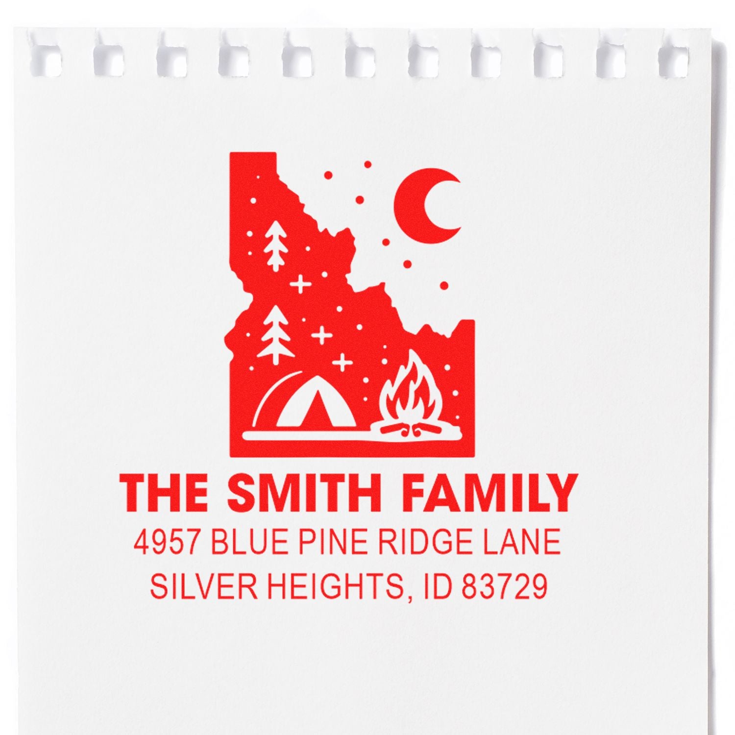 Personalized rubber stamp with camping design and return address for The Smith Family in Silver Heights, Idaho.