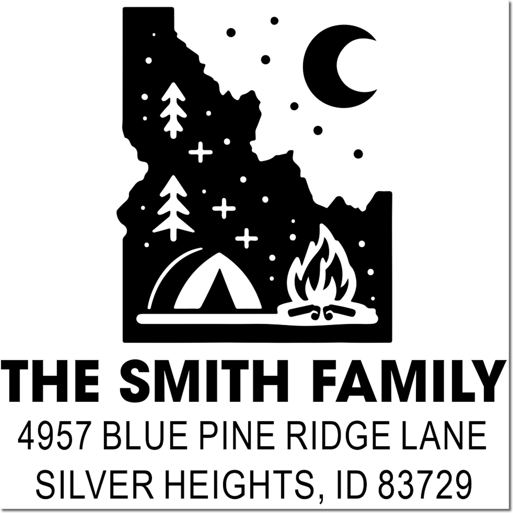 Custom Idaho camping address rubber stamp design for The Smith Family, 4957 Blue Pine Ridge Lane, Silver Heights, ID 83729.
