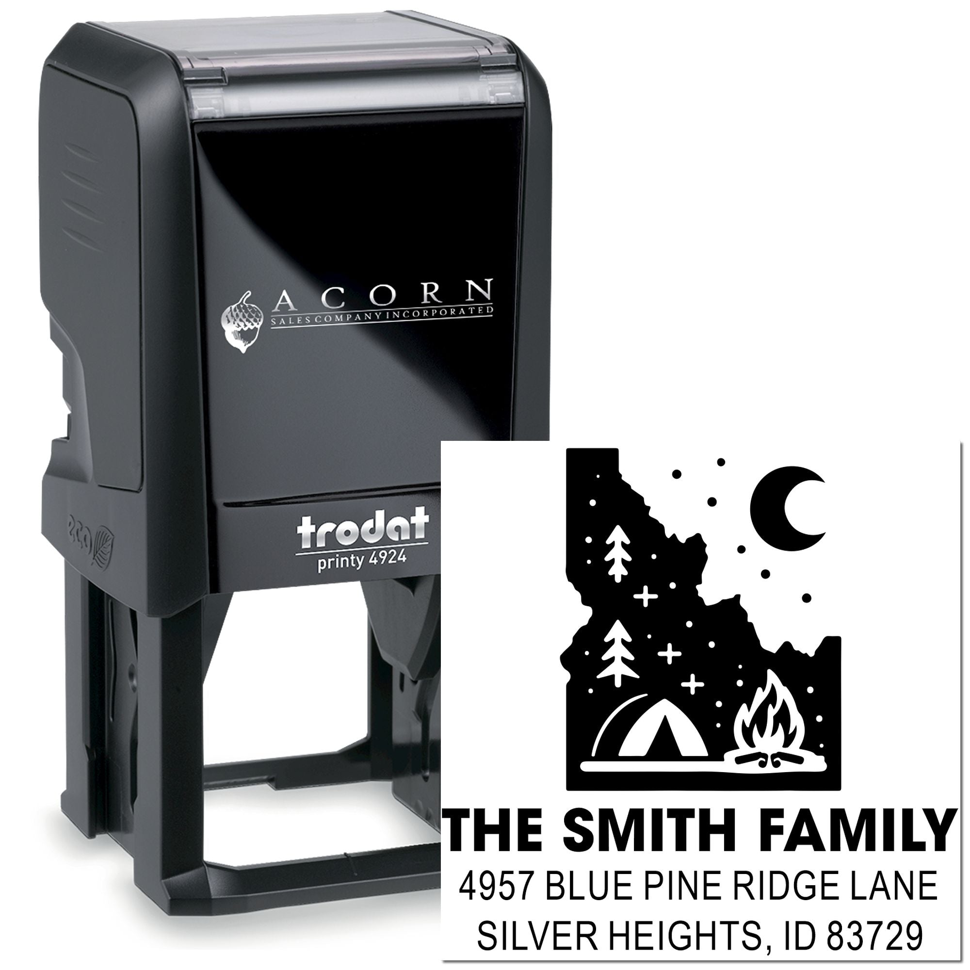 Custom self-inking address rubber stamp with camping family design, Trodat Printy 4924, for personalized mailing