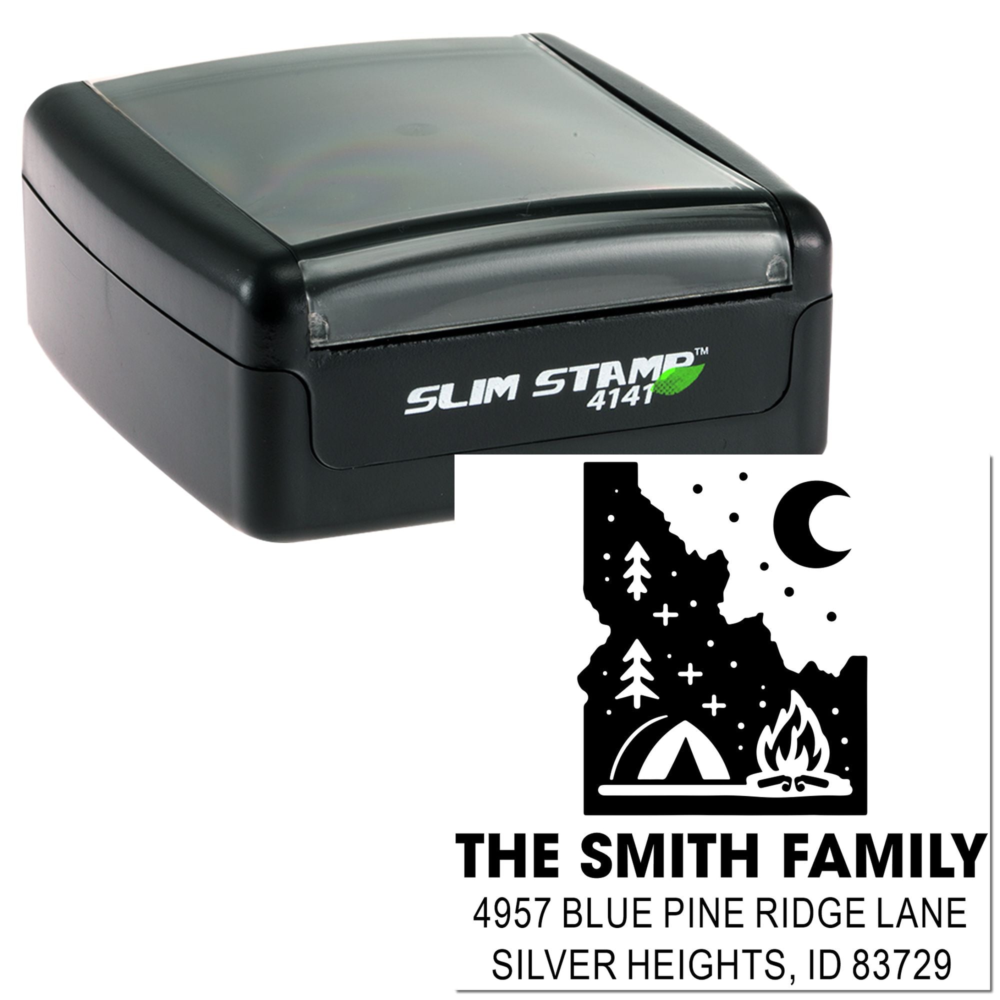 Custom self-inking rubber address stamp with camping scene for The Smith Family mailings