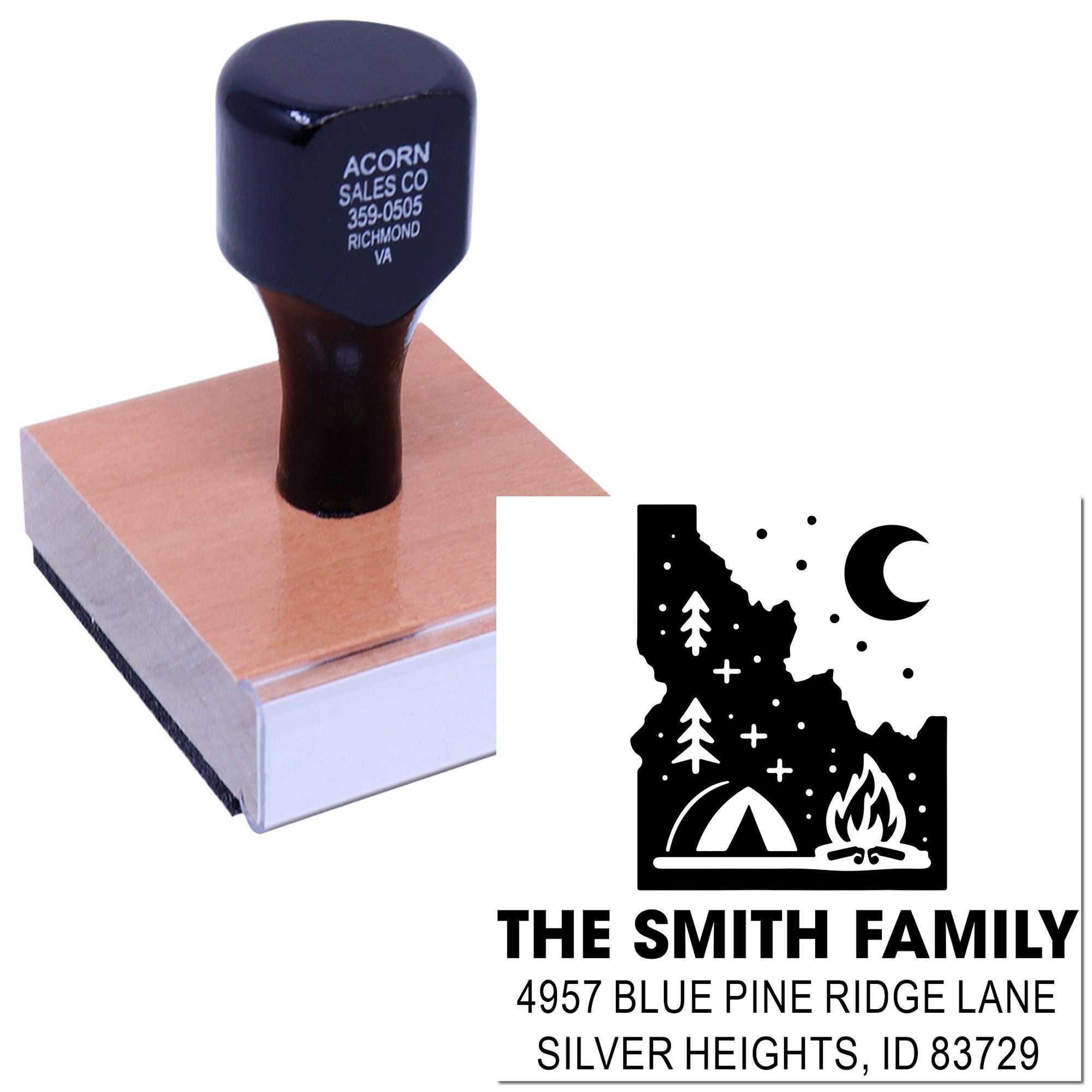 Personalized rubber stamp with camping logo and return address for The Smith Family, ideal for custom mailings.
