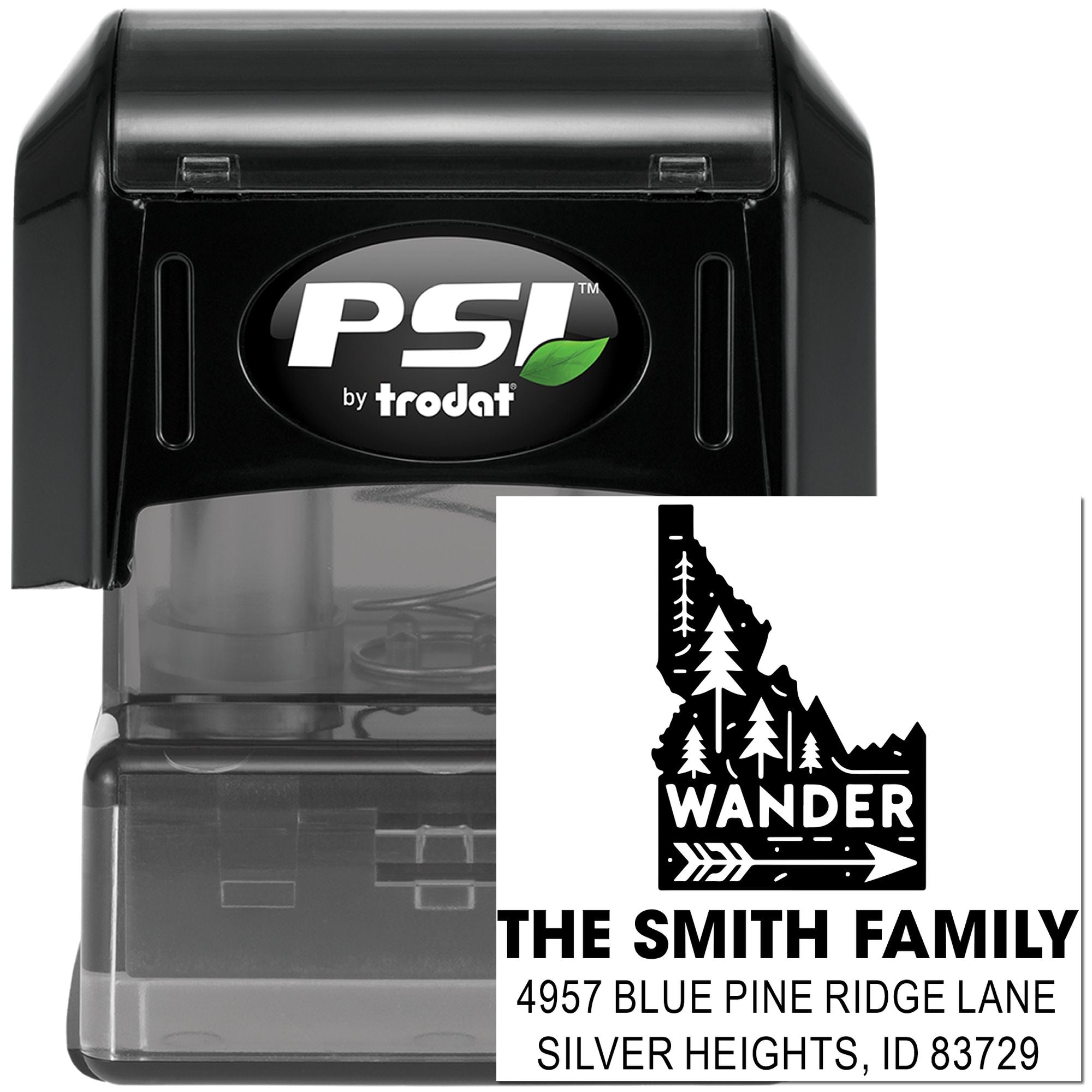 Custom self-inking rubber address stamp with mountain Wander design for The Smith Family.